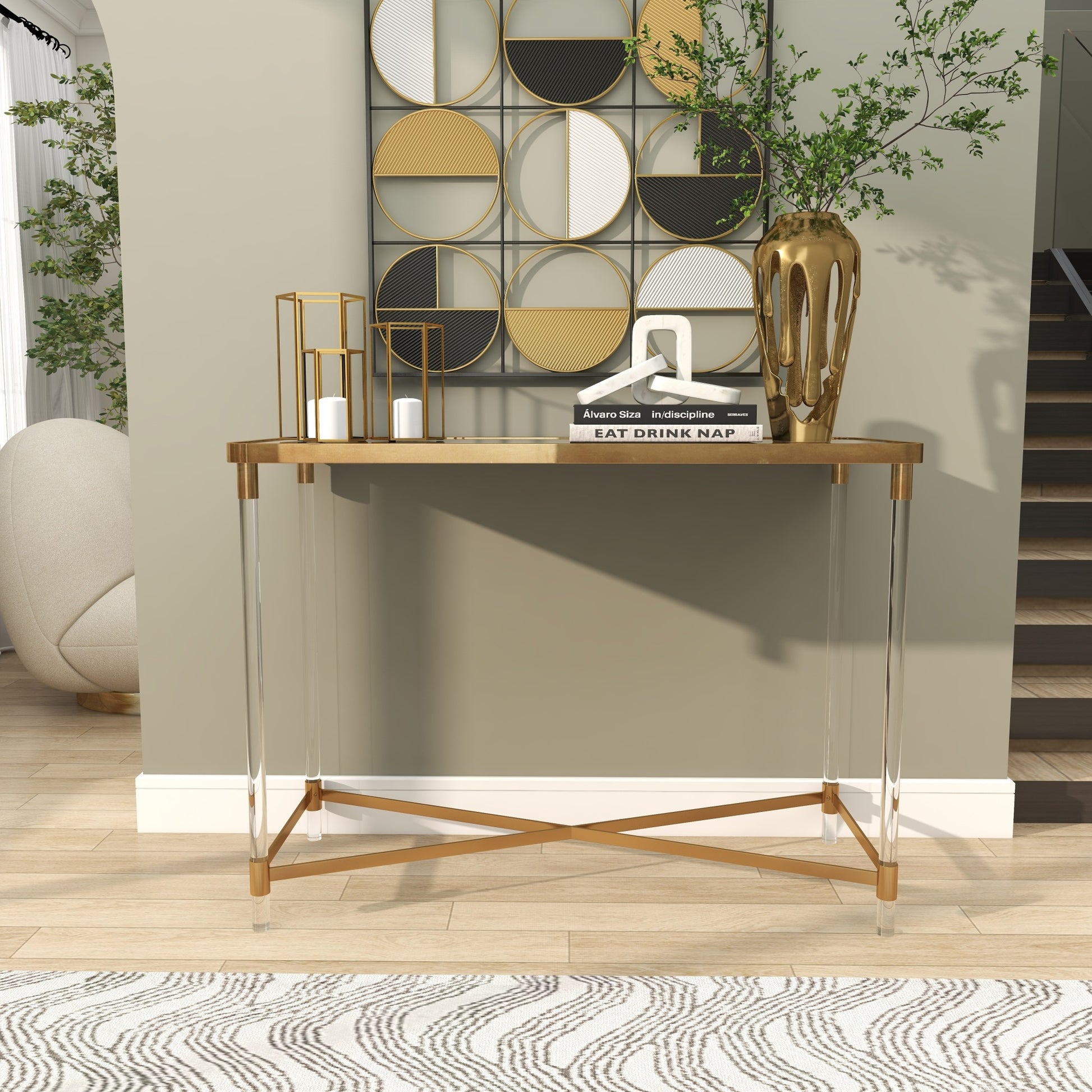 Metal Living Room Console Table with Mirrored Top and Acrylic Legs 44" x 19" x 32"