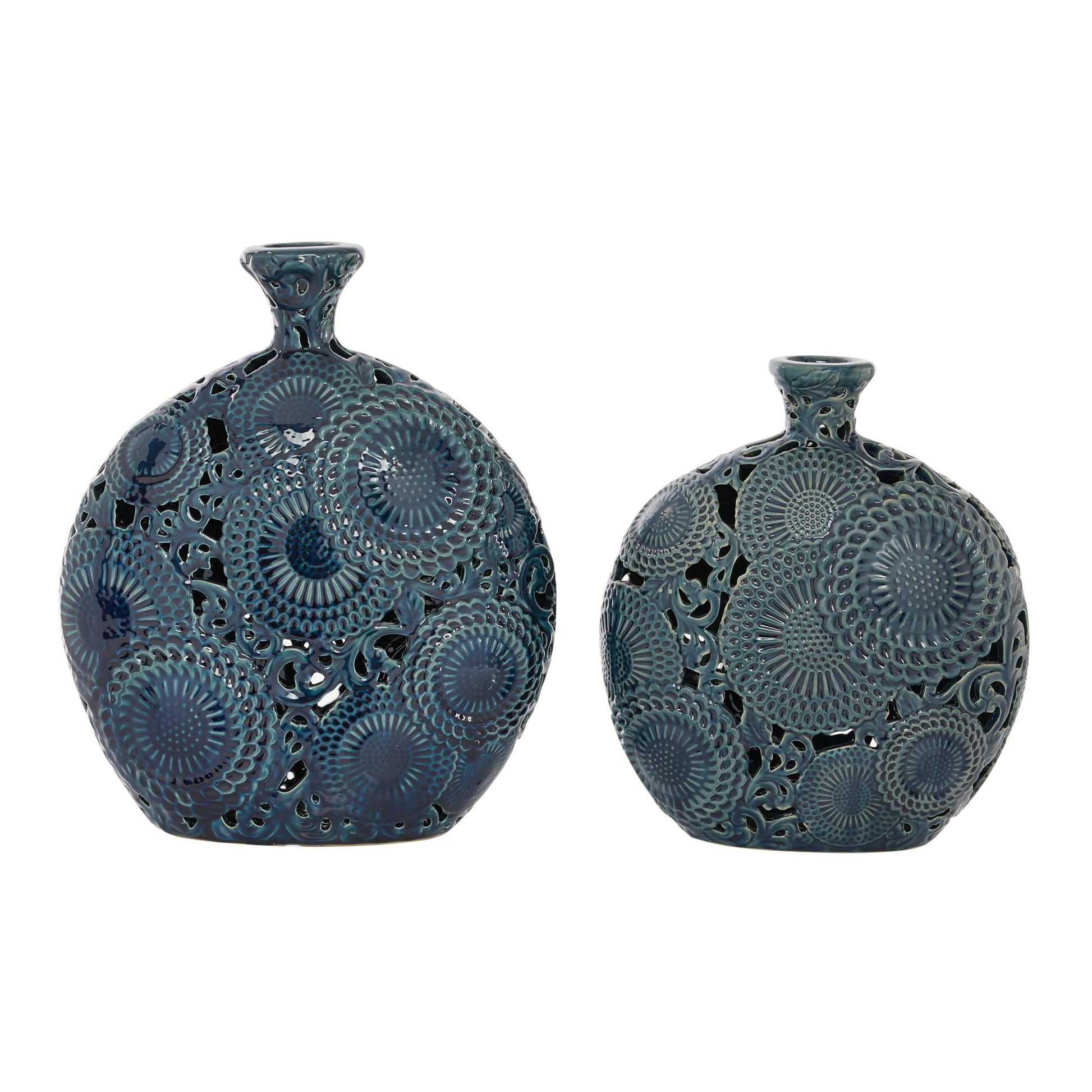 Set of 2 Floral Blue Ceramic Decorative Vase with Cut Out Patterns