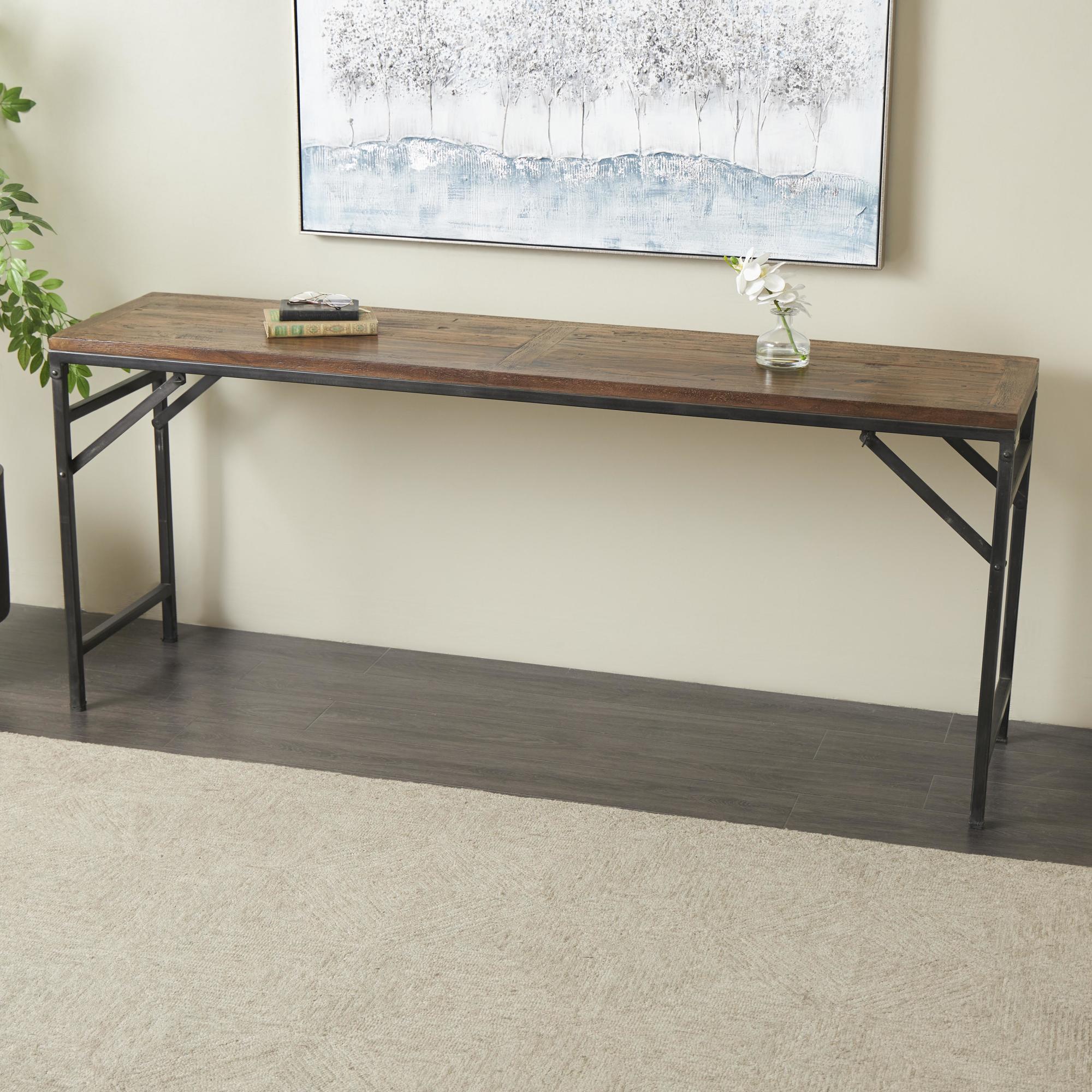 Dark Brown Teak Wood Long Living Room Console Table with Black Metal Legs