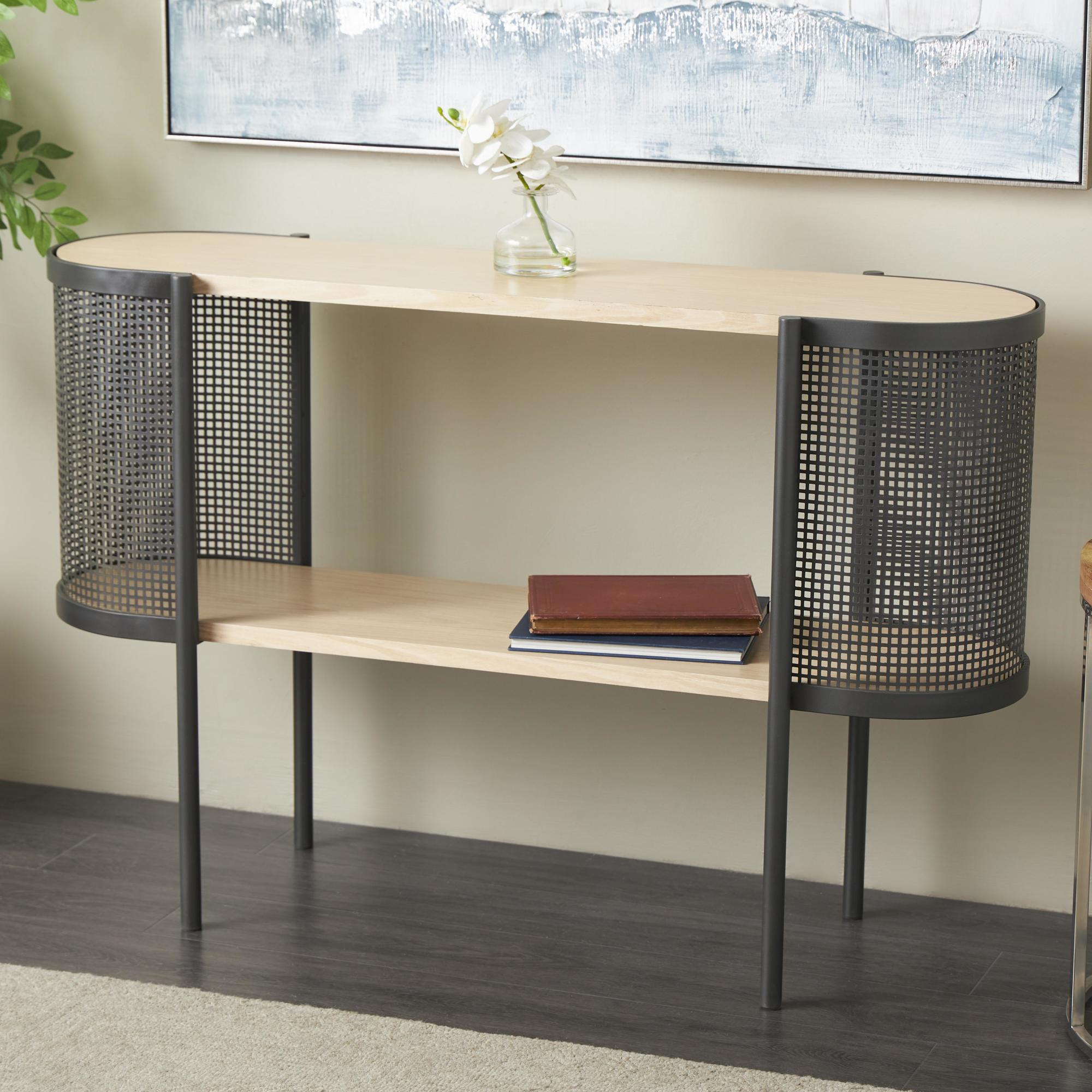 Light Brown Wooden Oval Two-Toned Living Room Console Table with Mesh Side Panels and Brown Wood Tabletop