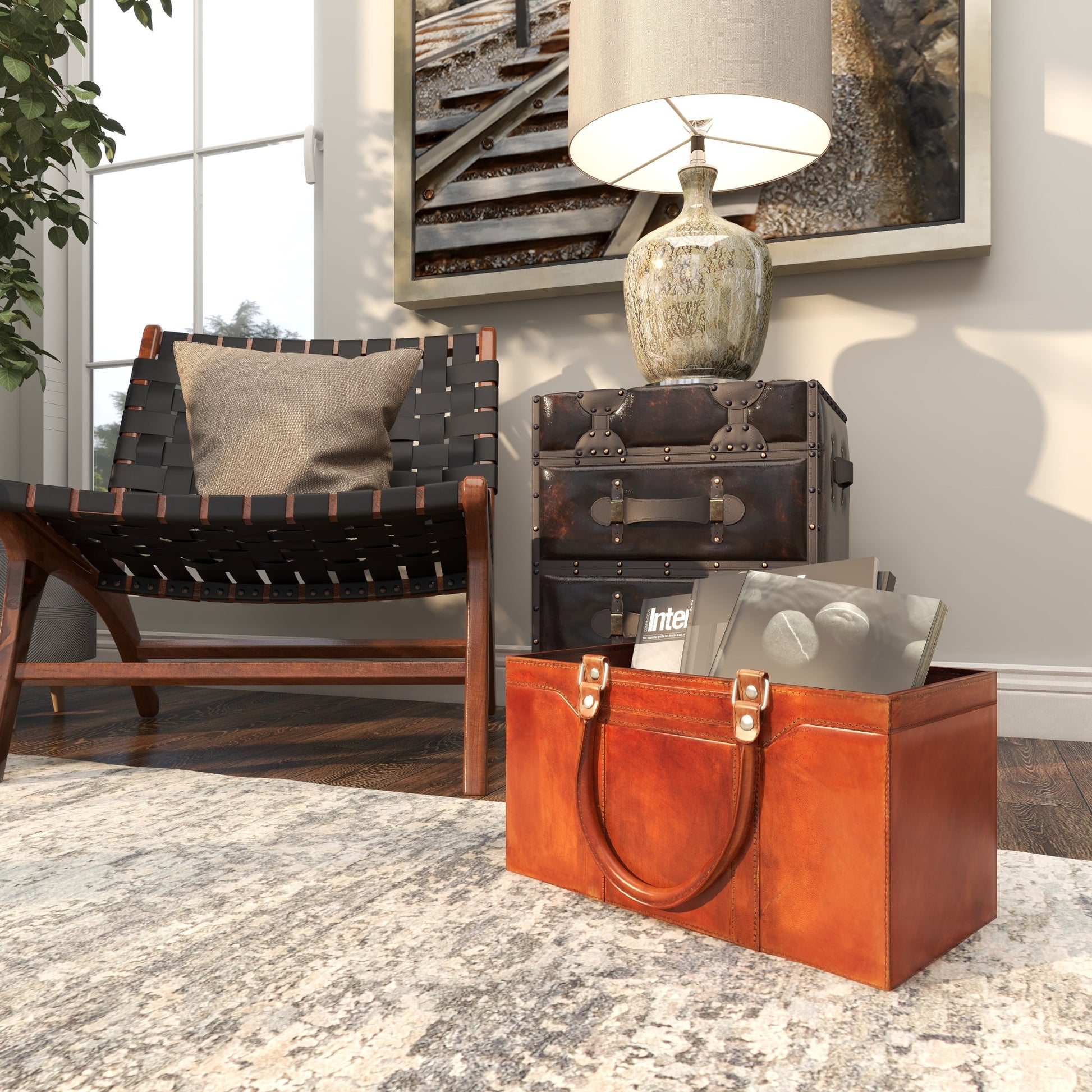 Brown Leather Handmade Box Style Decorative Magazine Holder with Detail Stitching and Curved Handles