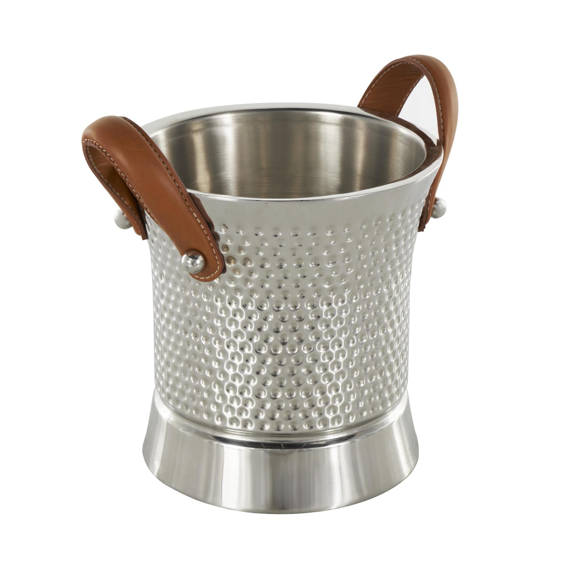 Silver Stainless Steel Metal Hammered Decorative Ice Bucket with Brown Leather Handles