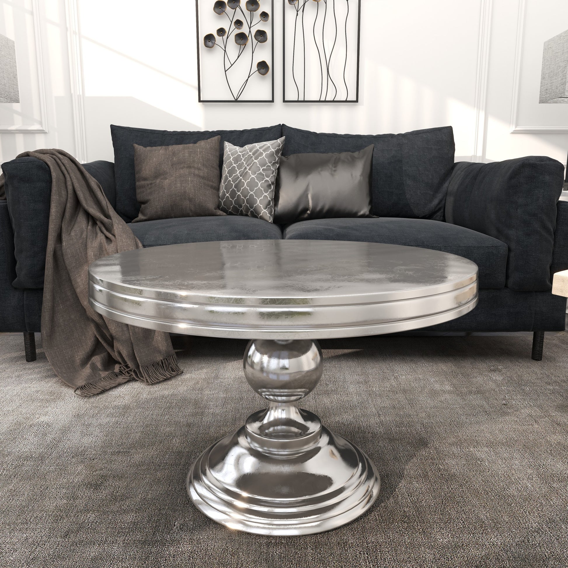Aluminum Metal Sleek Ball Centered Base Living Room Coffee Table with Pedestal Base 30" x 30" x 19"