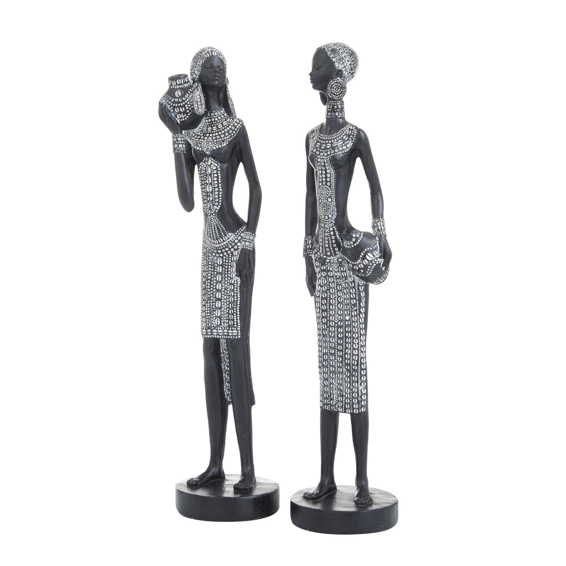 Set of 2 Woman Black Polystone Standing African Decorative Sculpture with Intricate Details