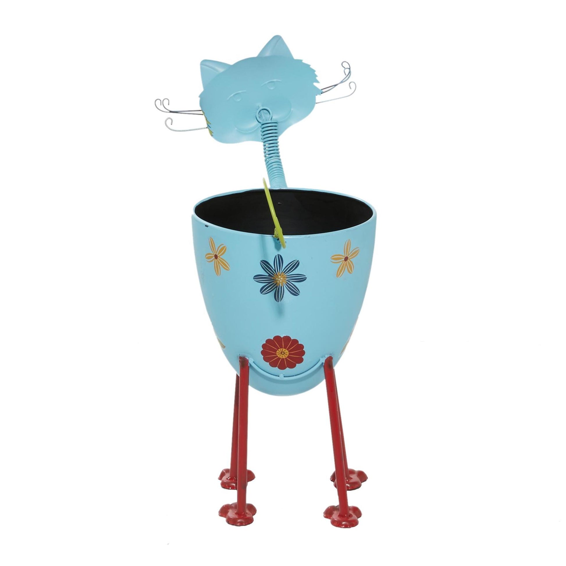 Cat Blue Metal Indoor Outdoor Planter with Flower Pattern