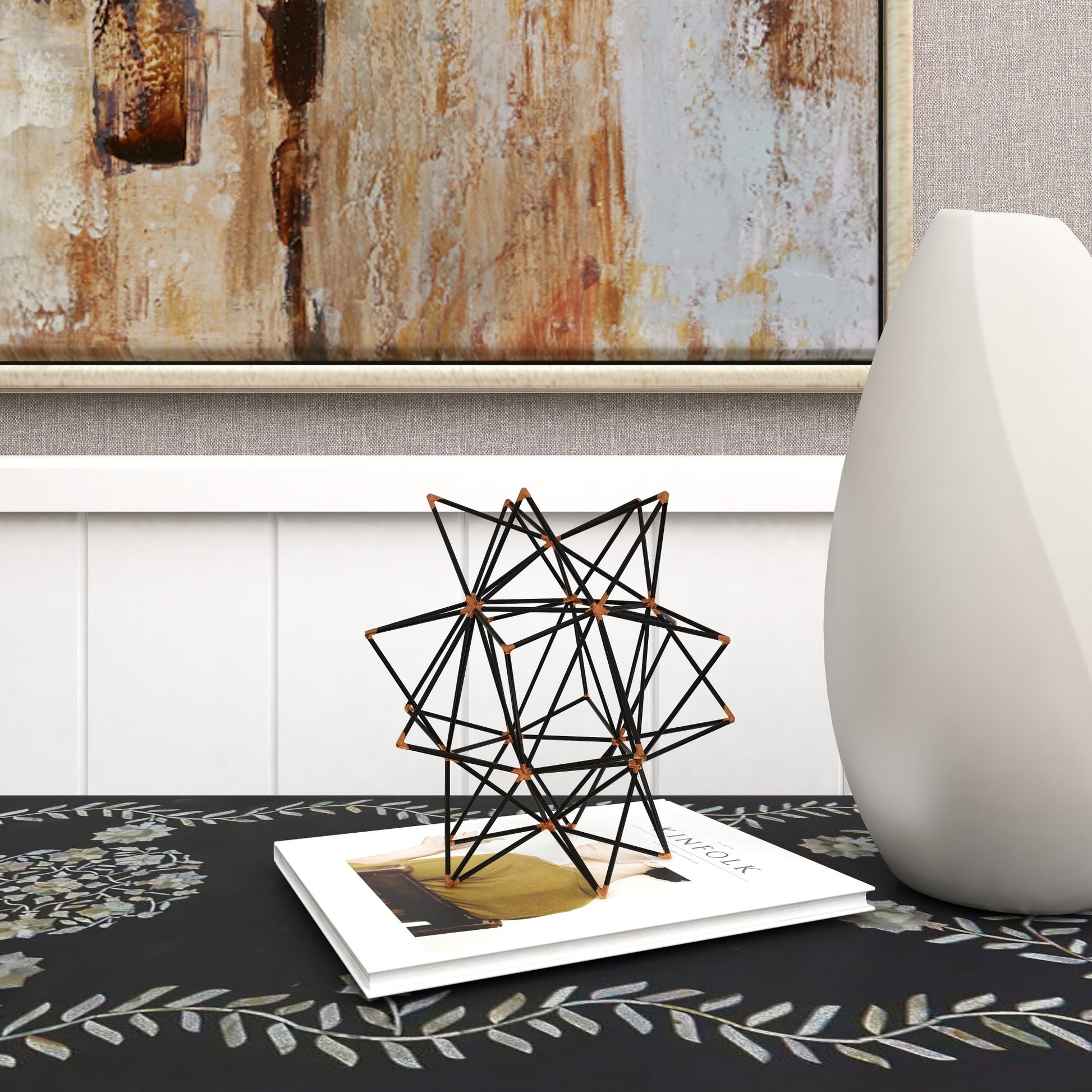 Geometric Black Metal Wire Star Decorative Sculpture with Gold Accents
