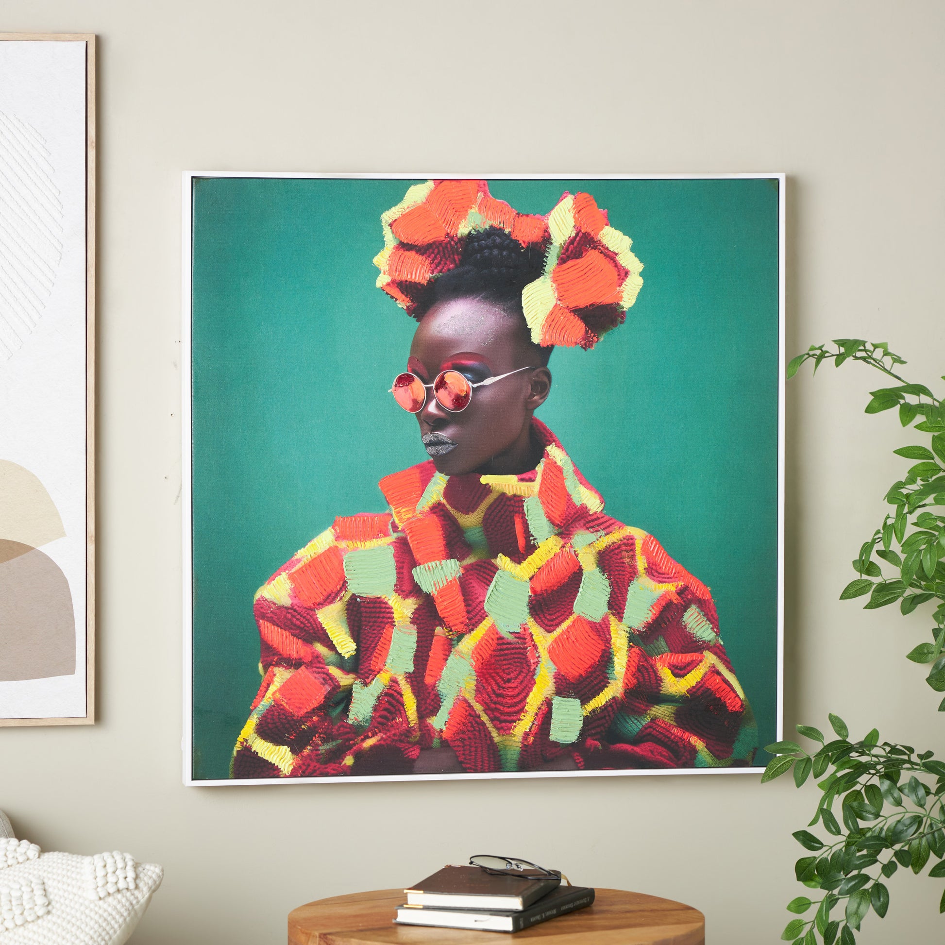 Woman Green Canvas Chic Living Room Framed Wall Art with Red and Yellow Dresswear