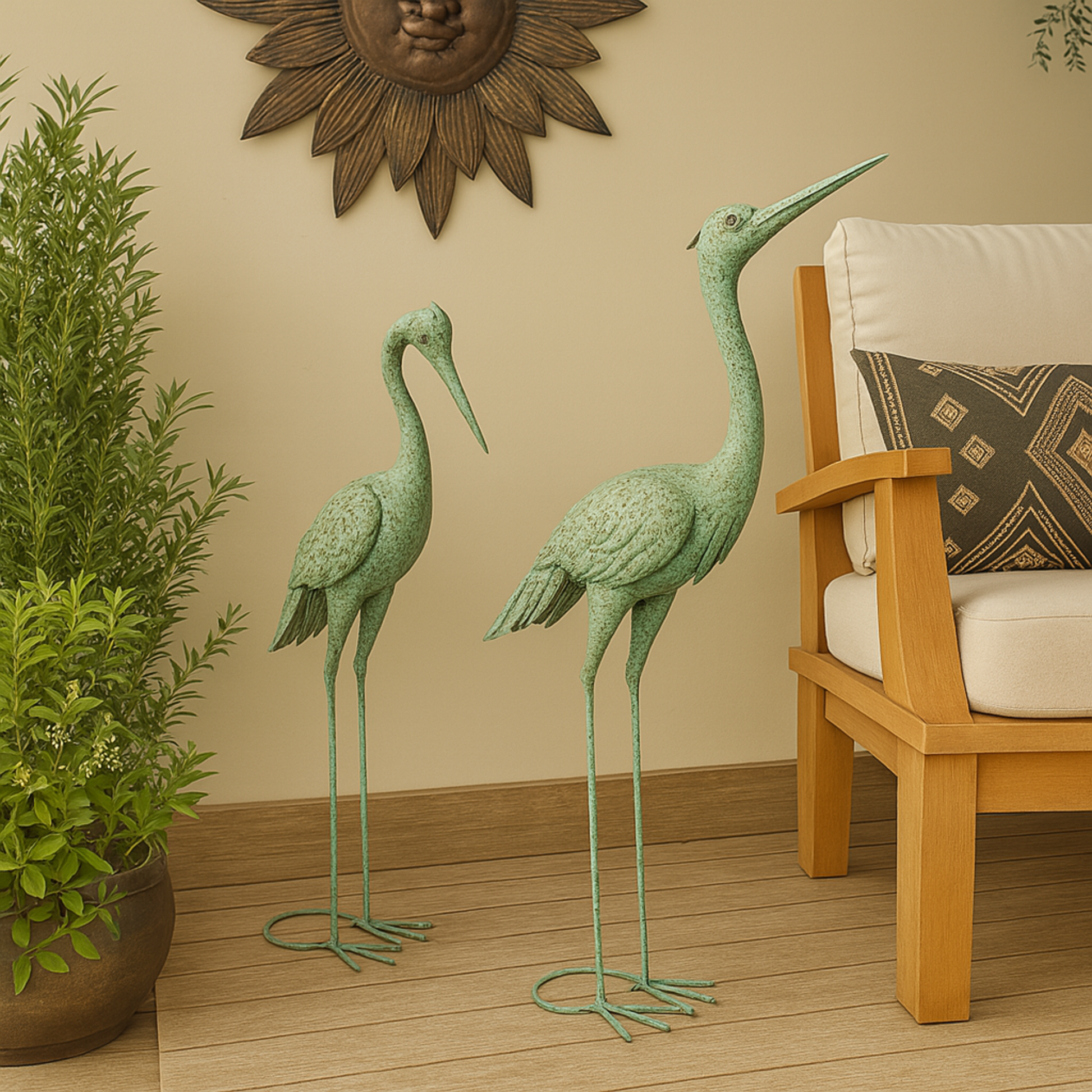 Set of 2 Crane Green Metal Indoor Outdoor Decorative Garden Sculpture with Coiled U Shaped Feet