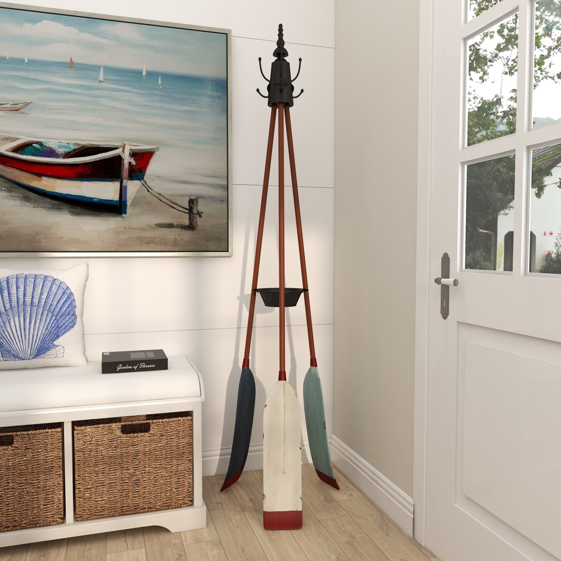 Paddle Blue Metal Oar 3 Hook Freestanding Coat Rack with Wooden Poles and Storage Tray