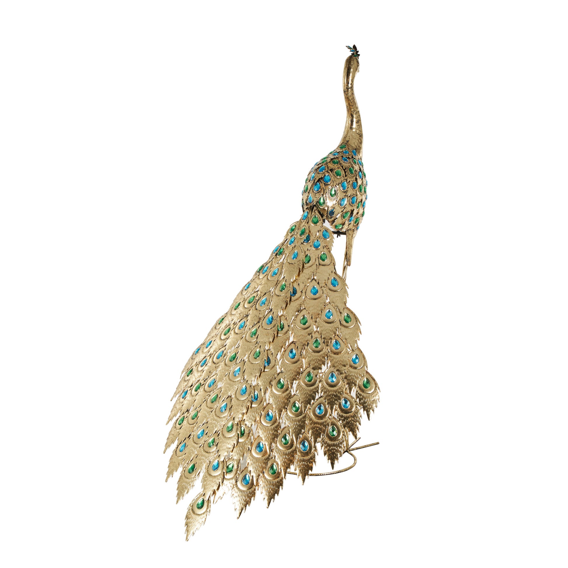 Peacock Brass Metal Decorative Garden Sculpture with Blue and Green Jewels