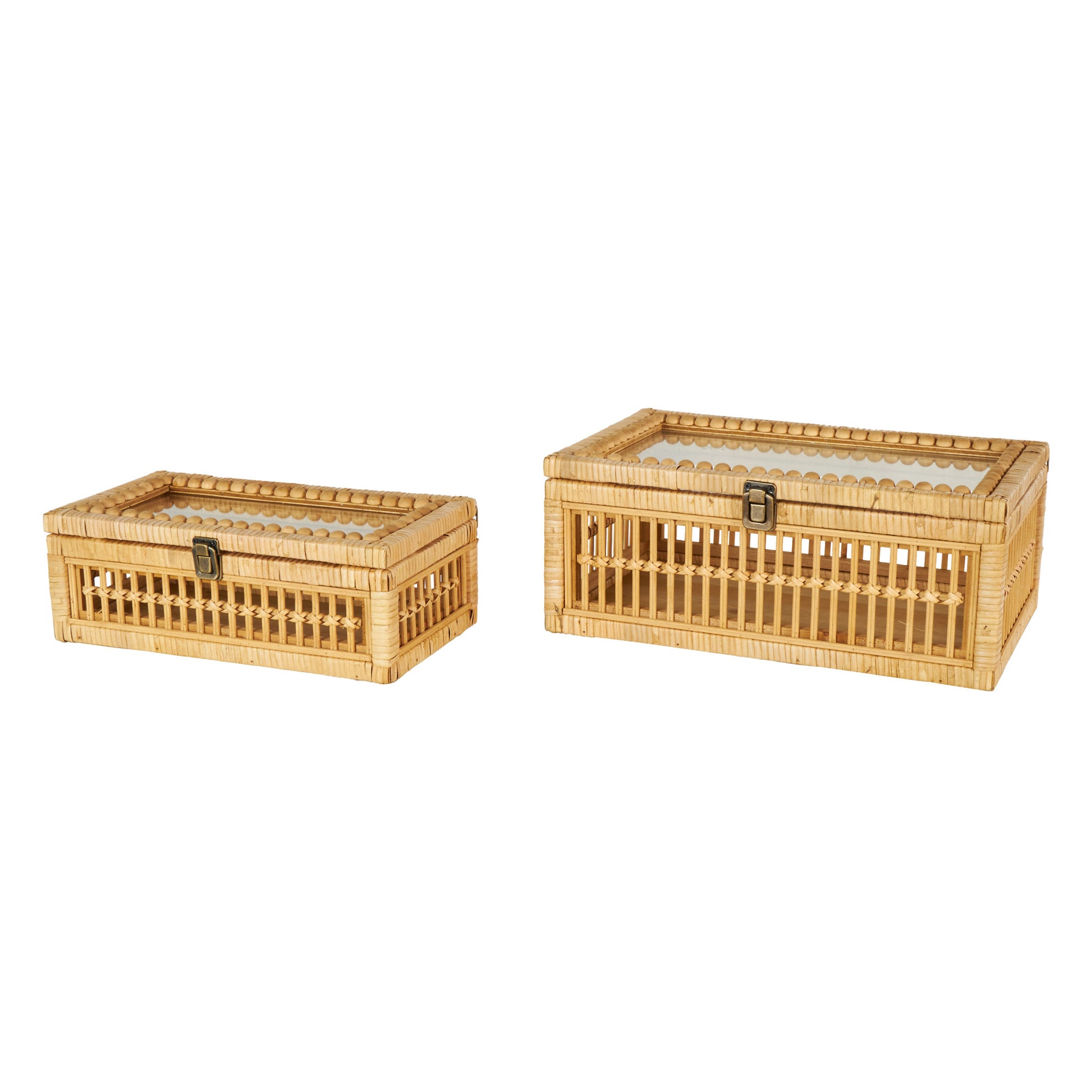 Set of 2 Brown Rattan Handmade Woven Storage Decorative Box with Glass Top and Bronze Latches
