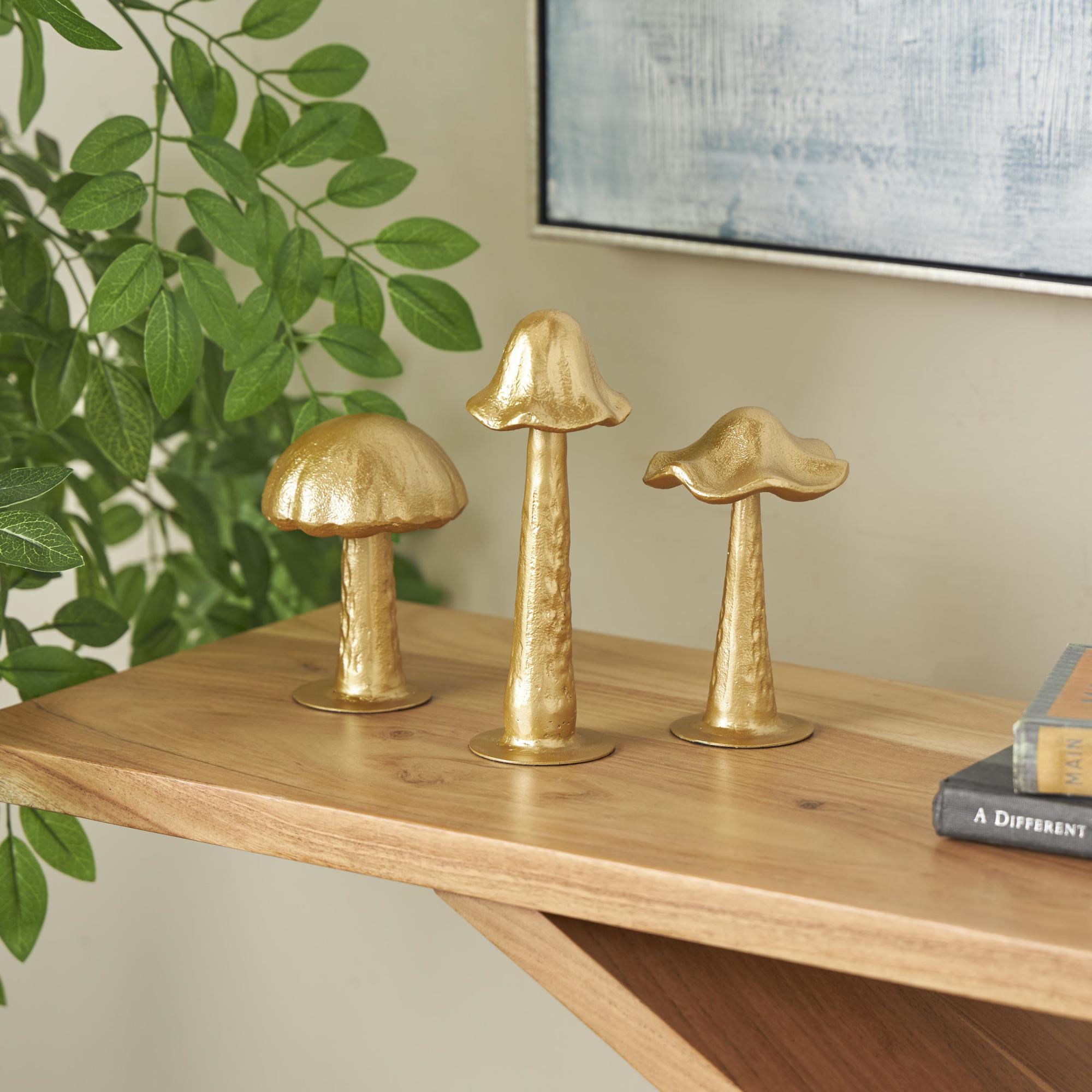 Set of 3 Mushroom Gold Metal Metallic Decorative Sculpture with Round Base