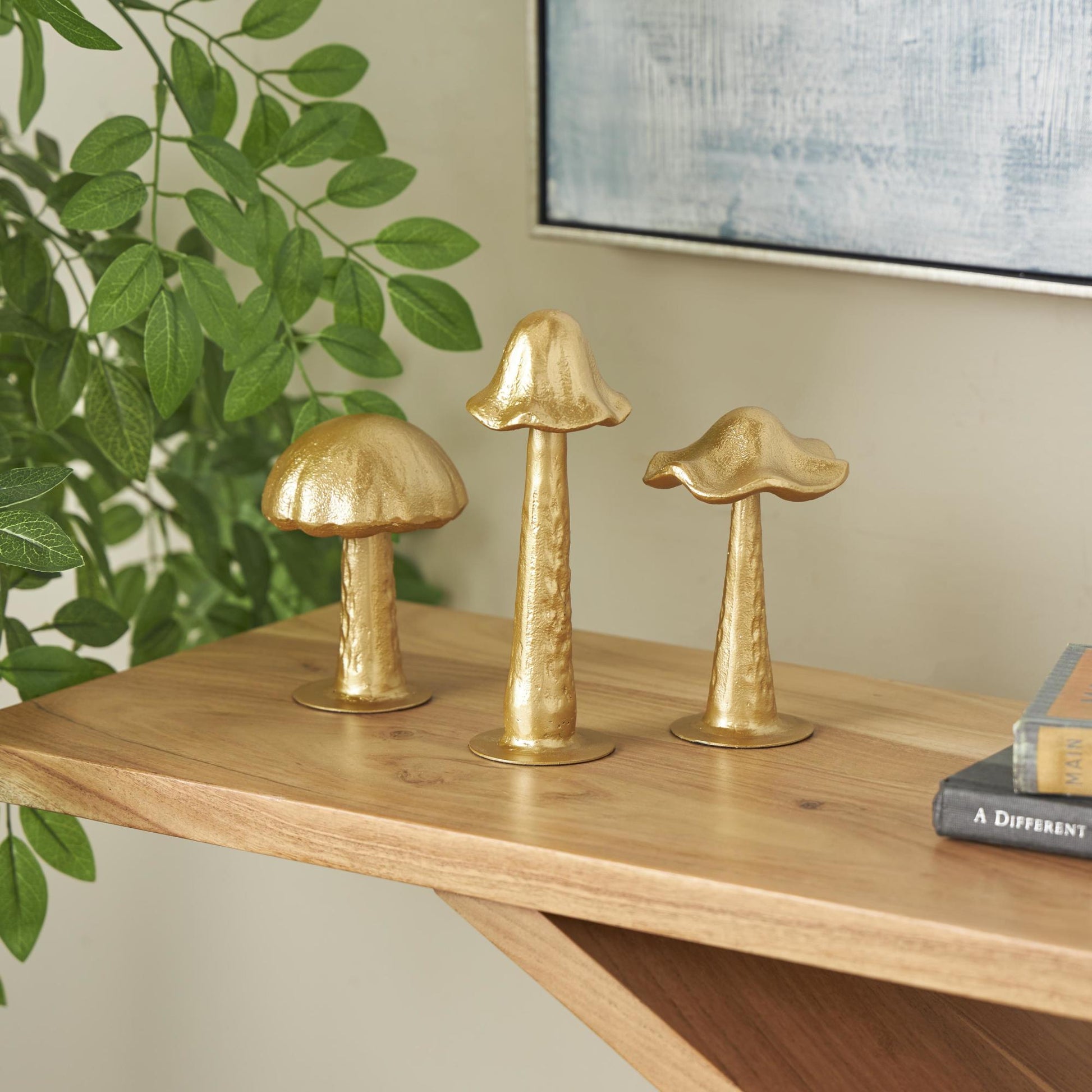 Set of 3 Mushroom Gold Metal Metallic Decorative Sculpture with Round Base