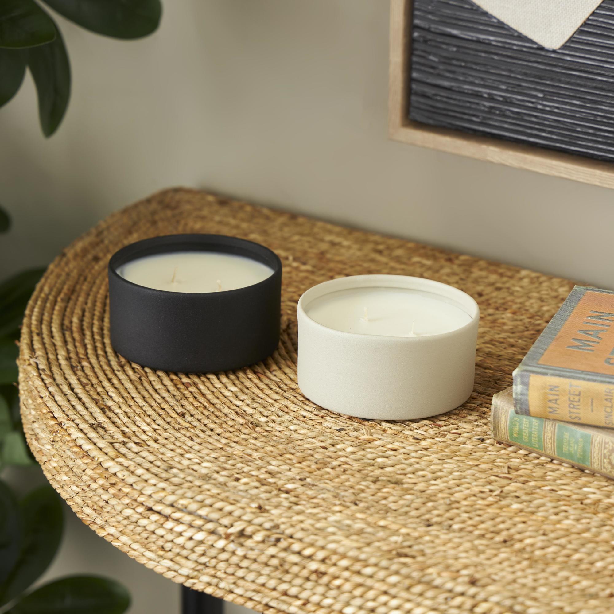 Set of 2 Metal Fresh Cotton / White Tea & Ginger Scented Textured 9oz 2 Wick Decorative Candle with White Wax