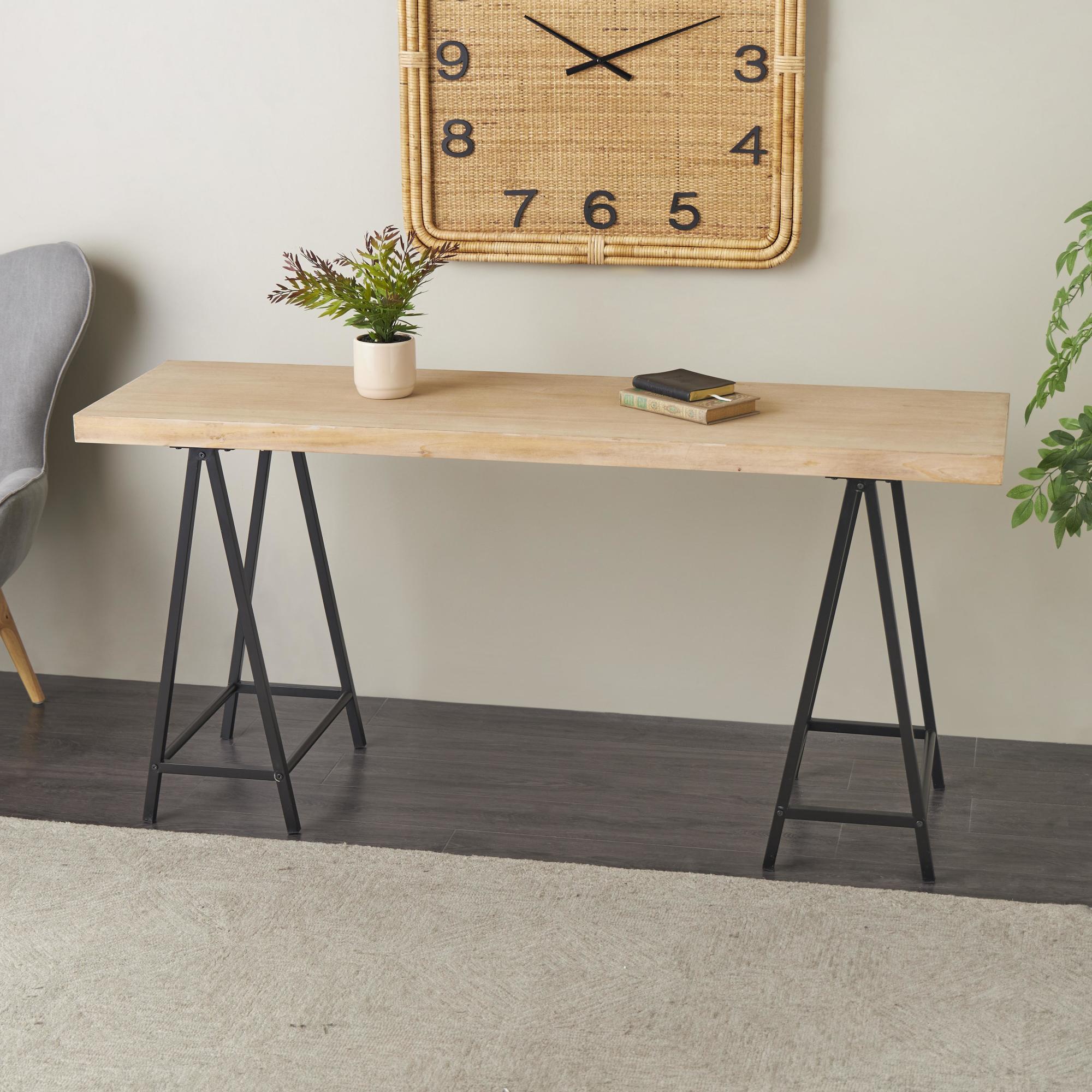 Brown Wooden Rectangular Living Room Console Table with Black Metal Supports
