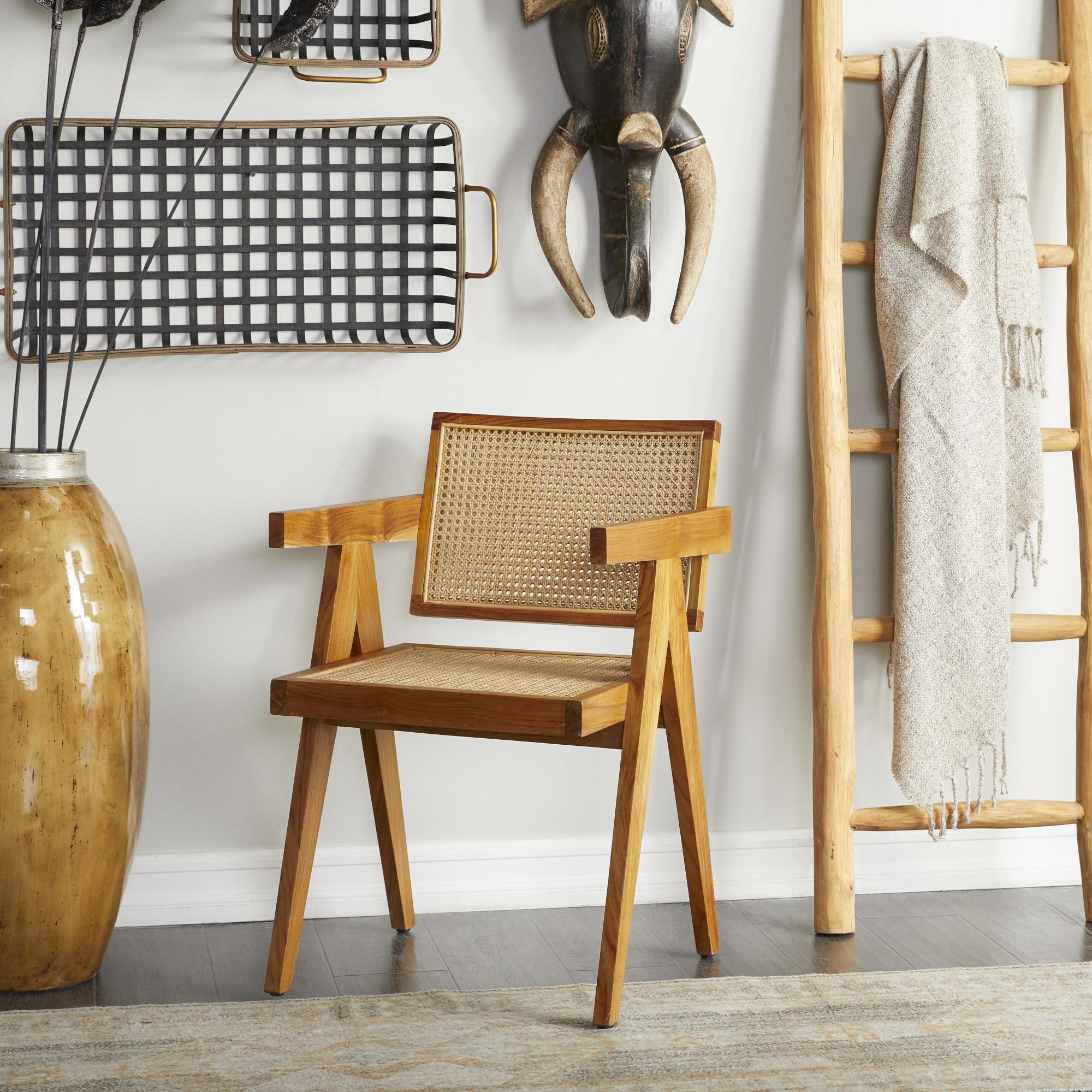 Teak Wood Handmade Living Room Accent Chair with Woven Cane Seat