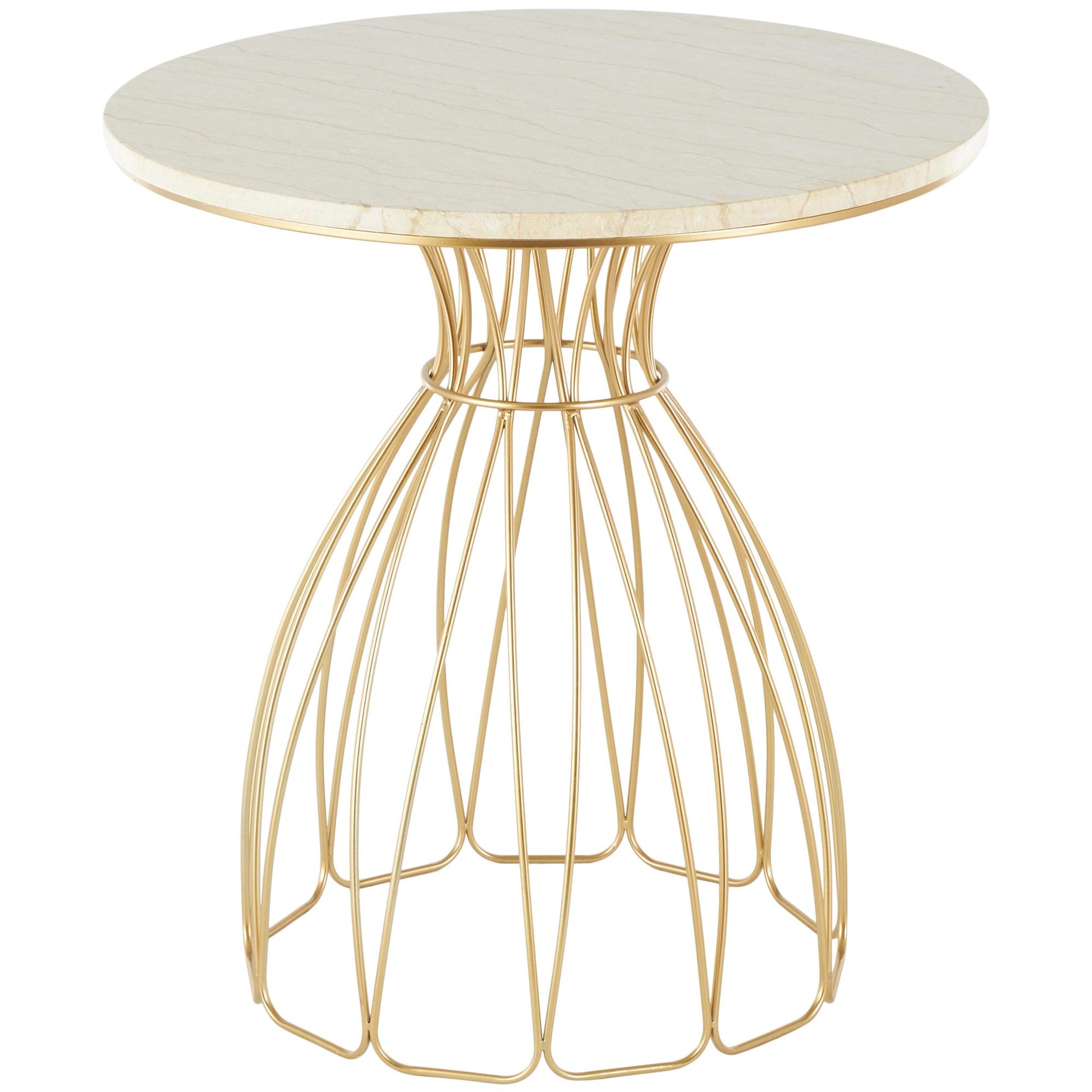 Gold Metal Flower Inspired Side End Accent Table with Cream Marble Tabletop