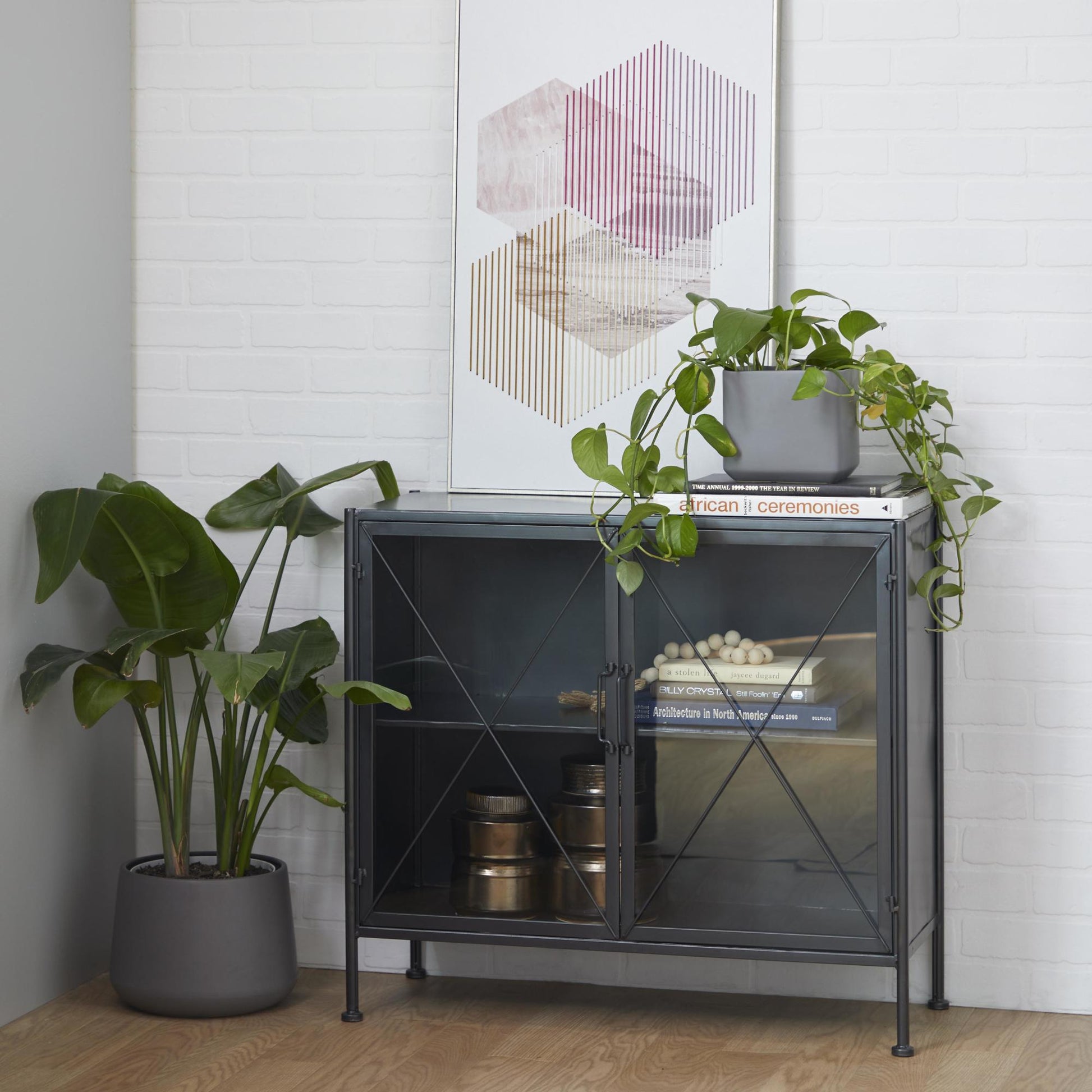 Geometric Metal 1 Shelf and 2 Doors Room Cabinet with Glass Front Panels 33" x 14" x 30"