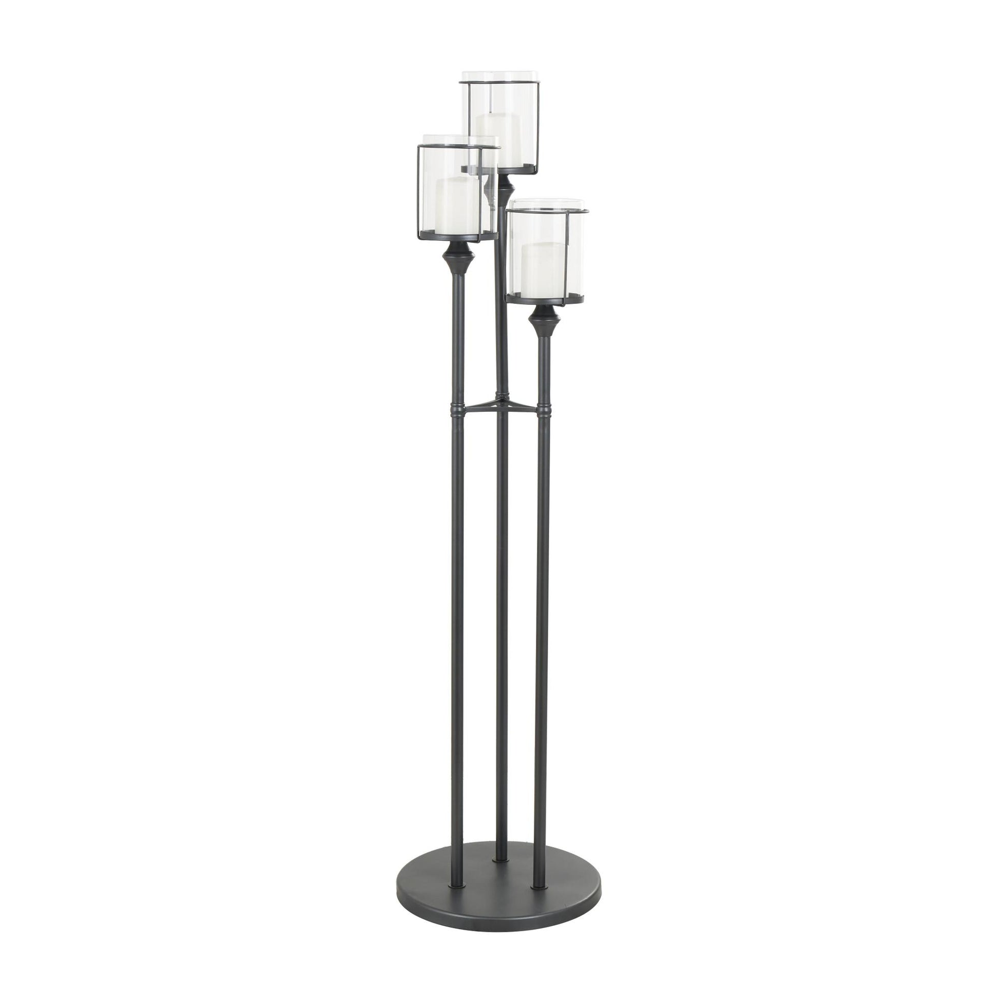 Black Metal Tall Floor Room Hurricane Lamp with 3 Posts and Round Base