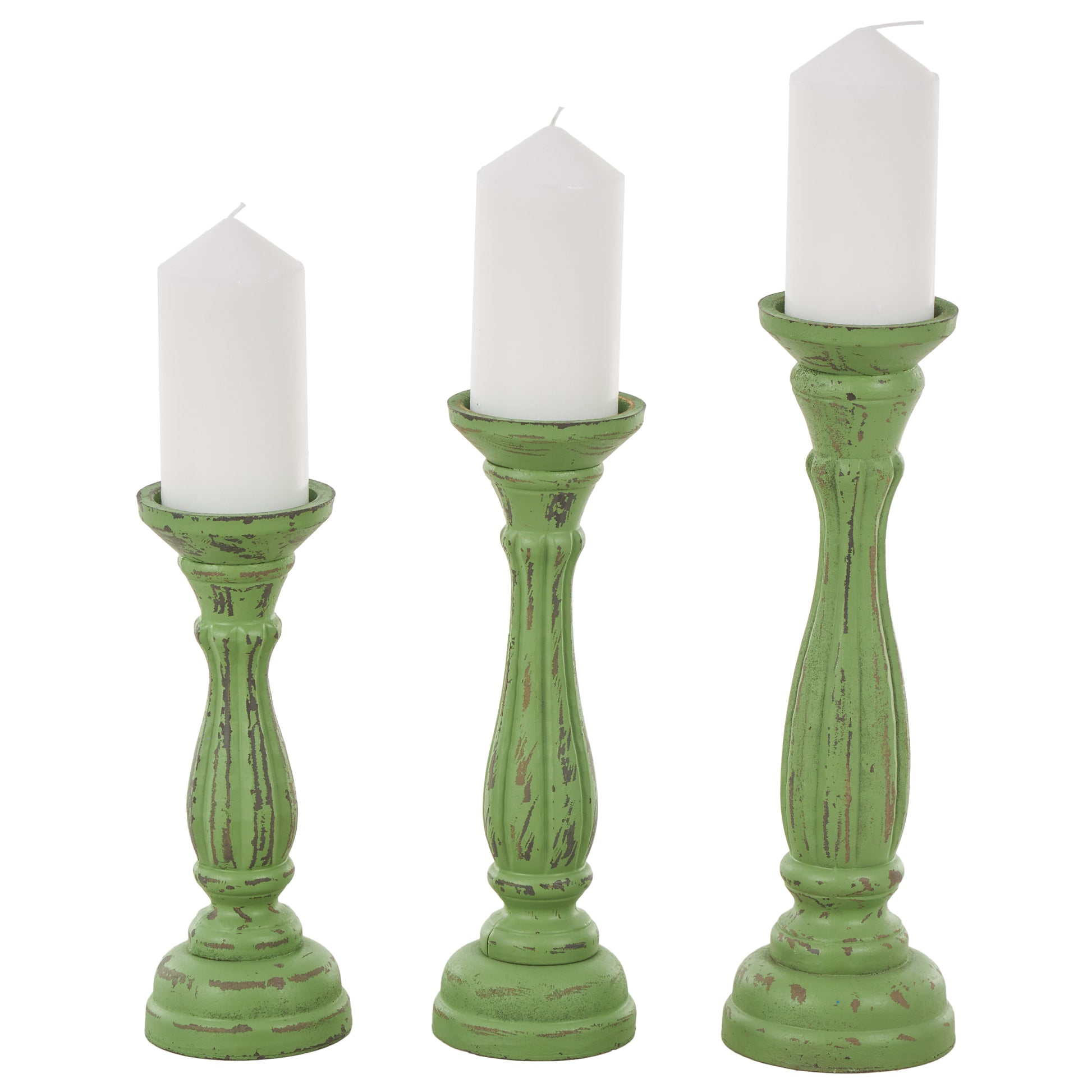 Set of 3 Wooden Distressed Turned Pillar Decorative Candle Holder