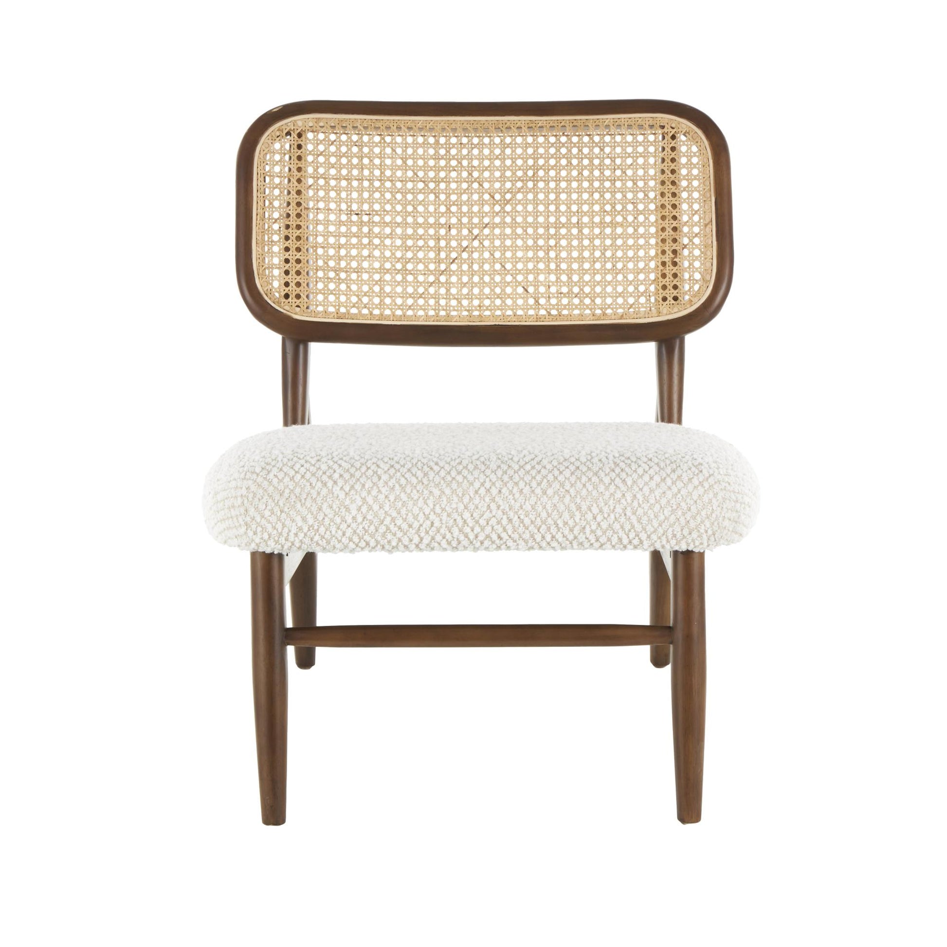 Dark Brown Wood Living Room Accent Chair with Cream Boucle Upholstery and Tan Rattan Backrest