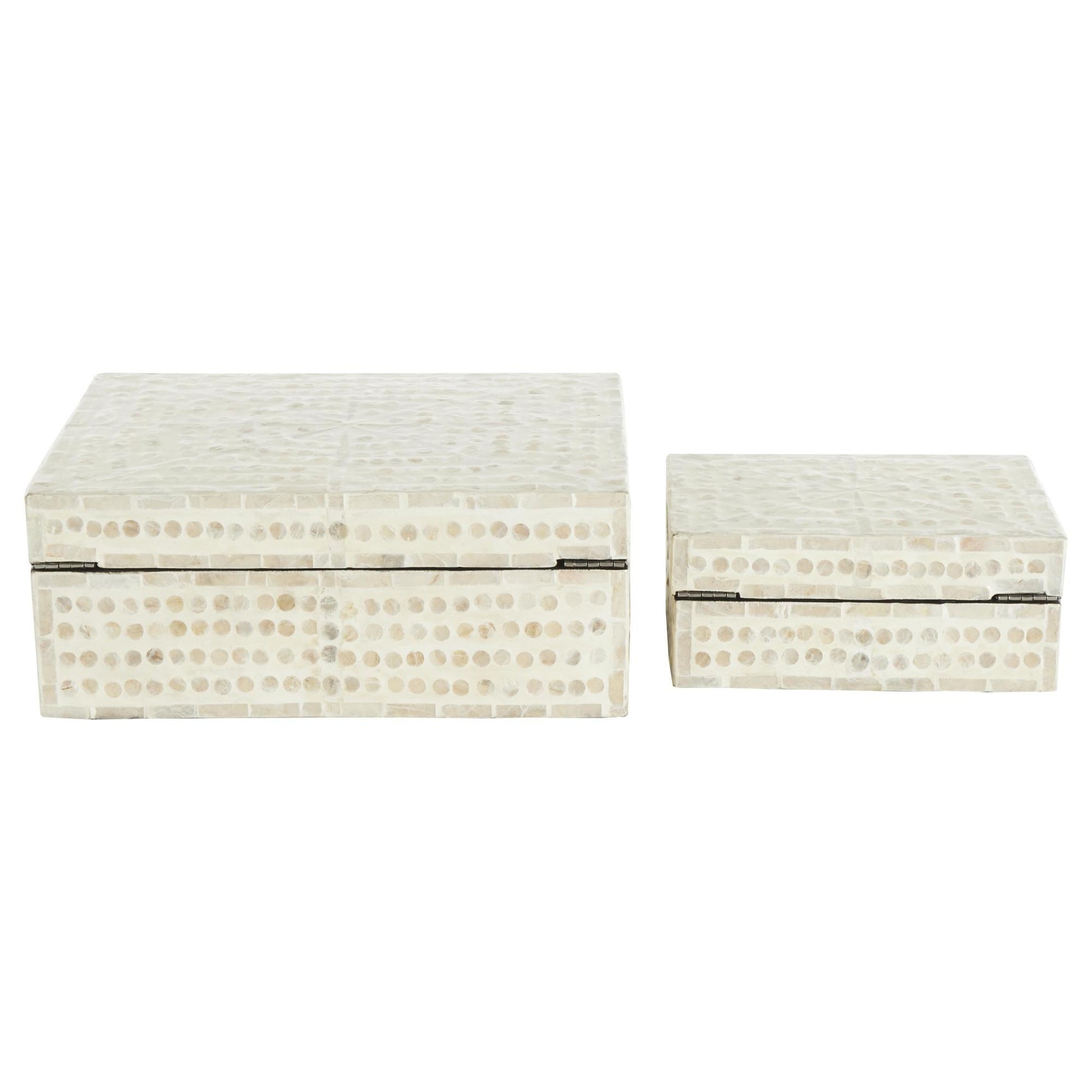 Set of 2 Geometric Cream Mother of Pearl Shell Handmade Mosaic Dot Storage Decorative Box with Brown Accents