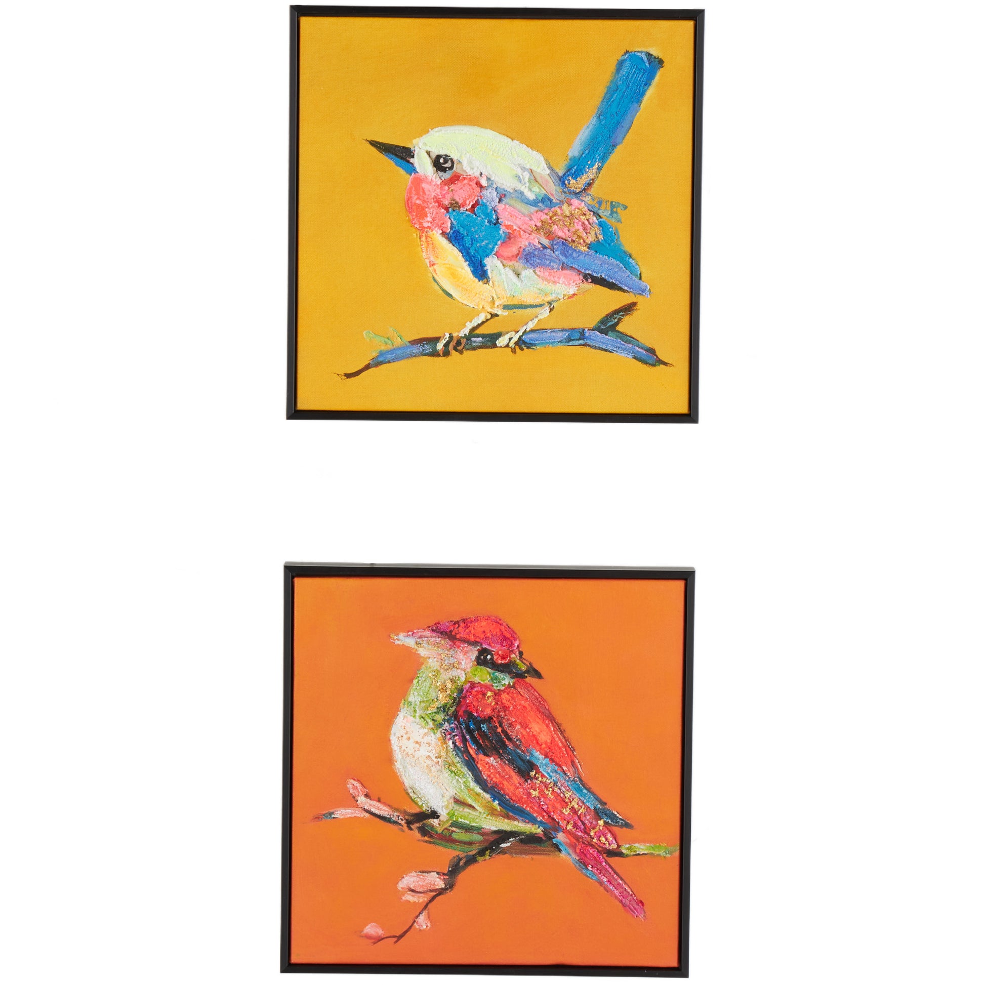 Set of 2 Bird Multi Colored Canvas Colorful Living Room Framed Wall Art with Black Frame and Gold Foil Accents