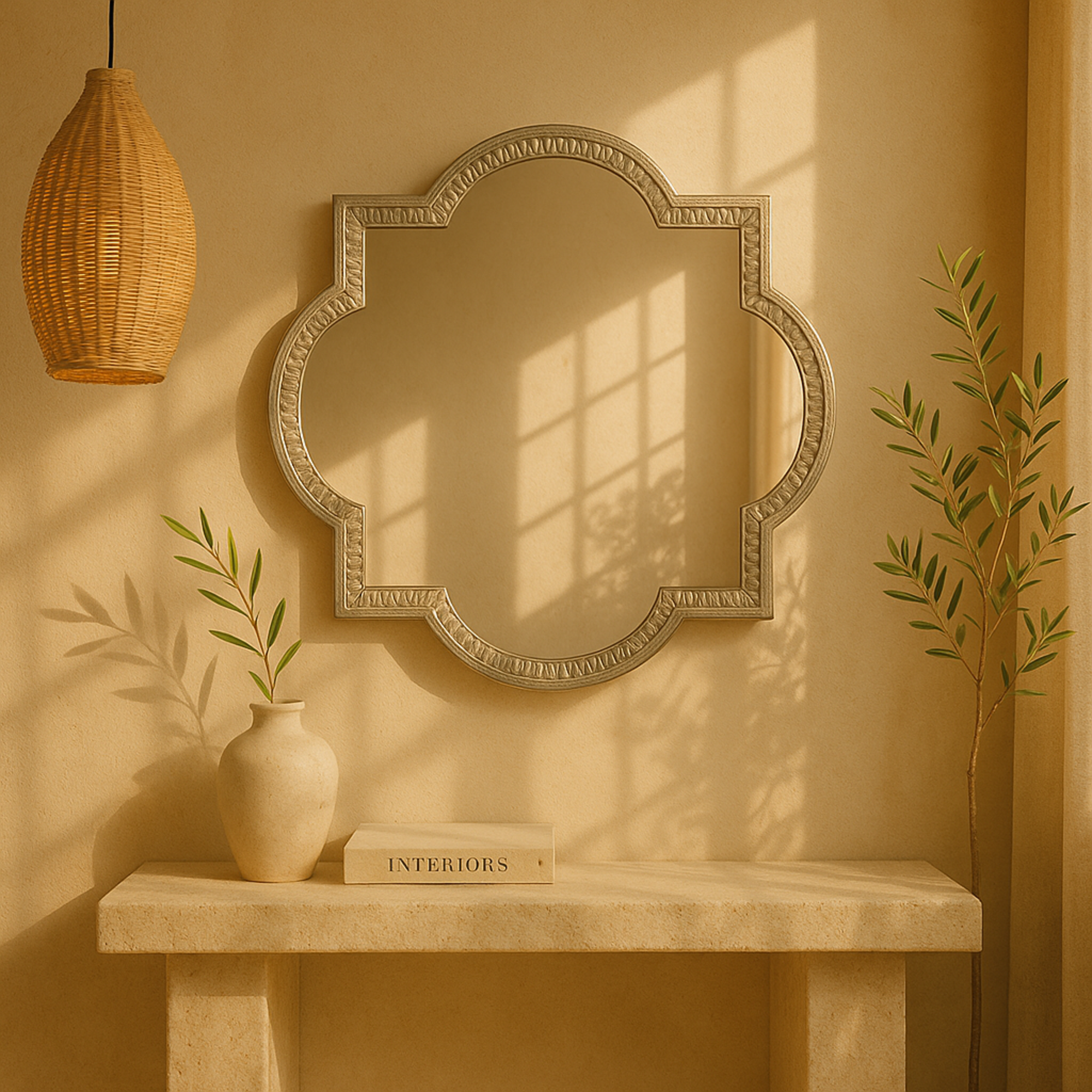 Gray Aluminum Metal Quatrefoil Engraved Room Wall Mirror