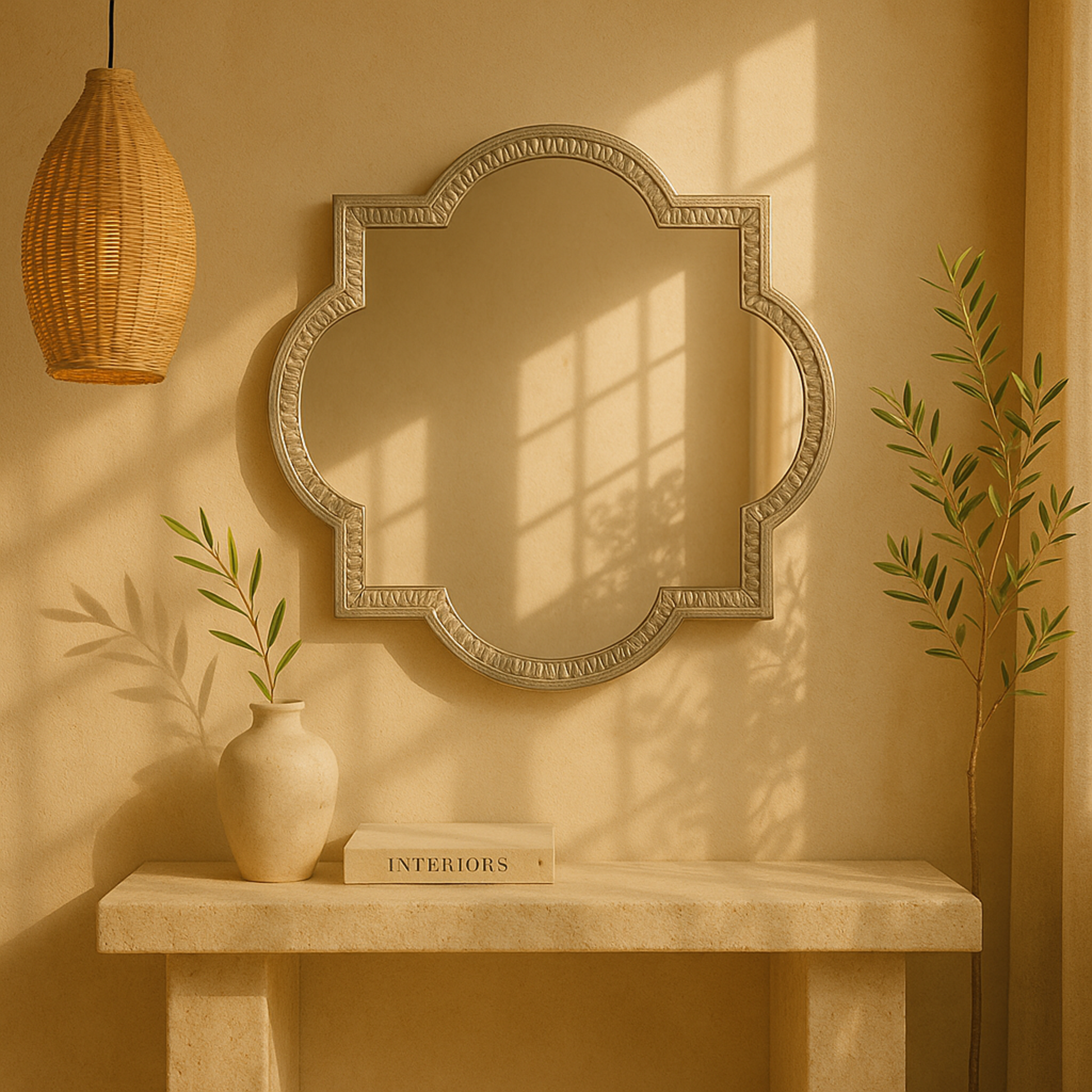 Gray Aluminum Metal Quatrefoil Engraved Room Wall Mirror