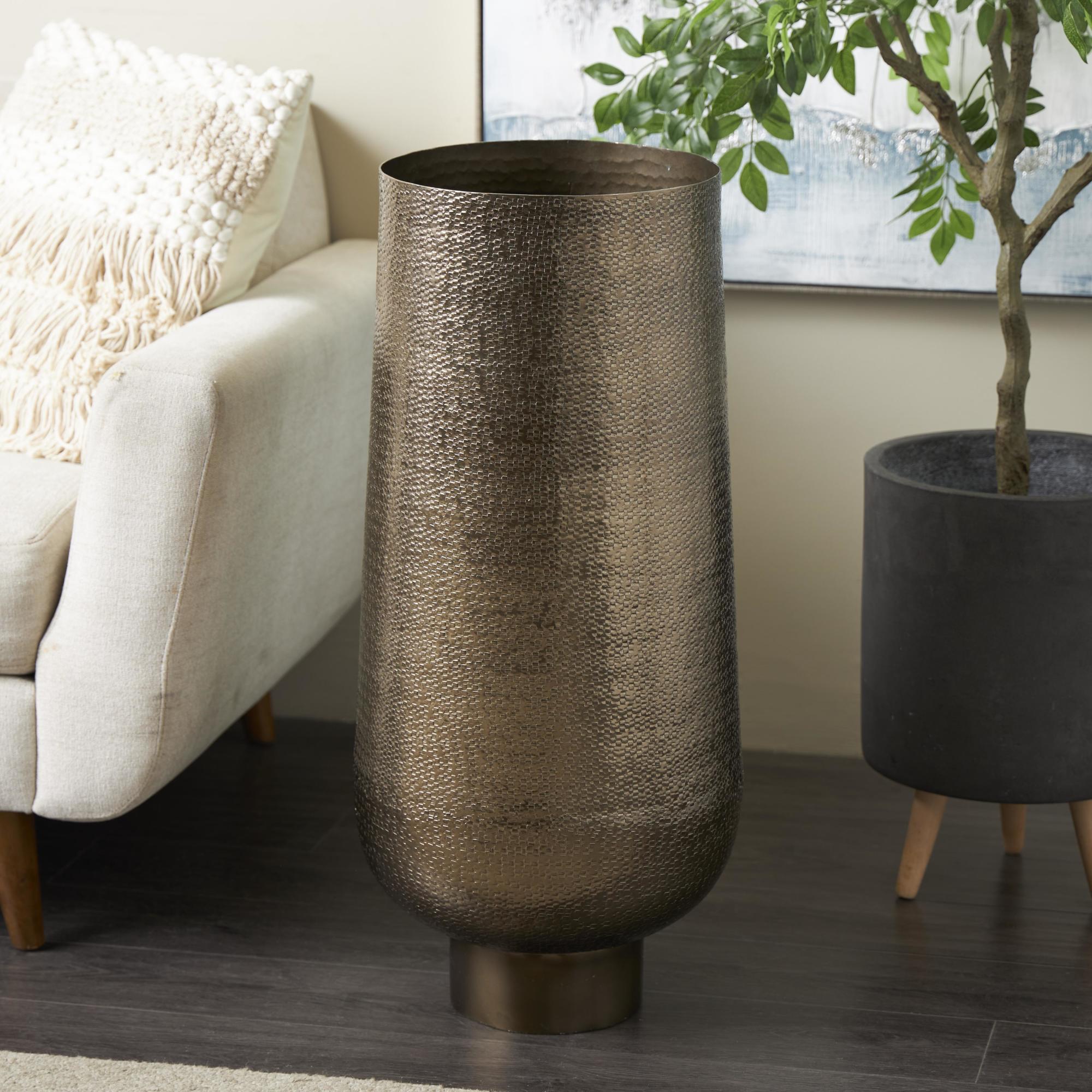 Geometric Brass Aluminum Metal Textured Wide Floor Decorative Vase with Elevated Base