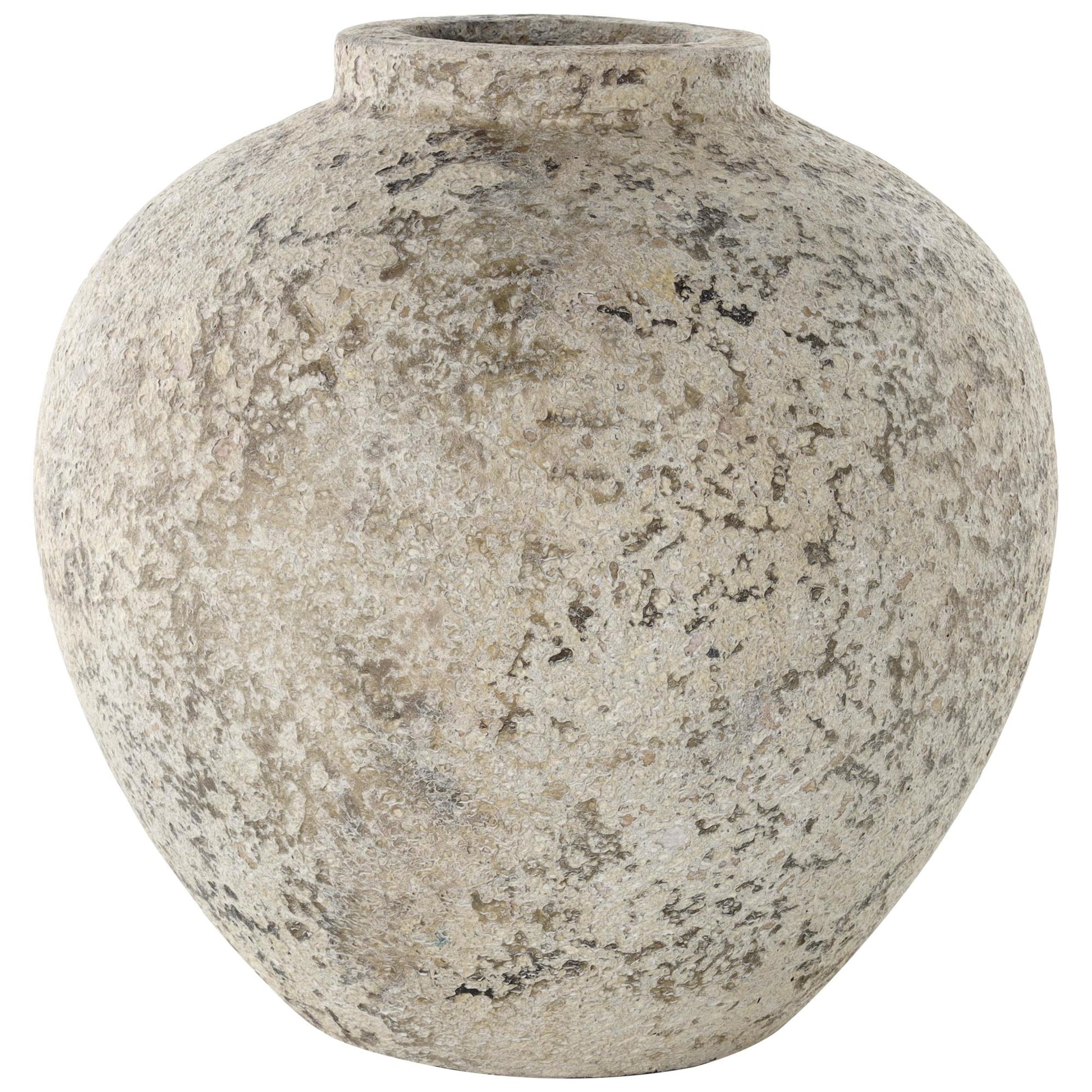 Cream Ceramic Handmade Antique Style Round Decorative Vase with Textured Distressing