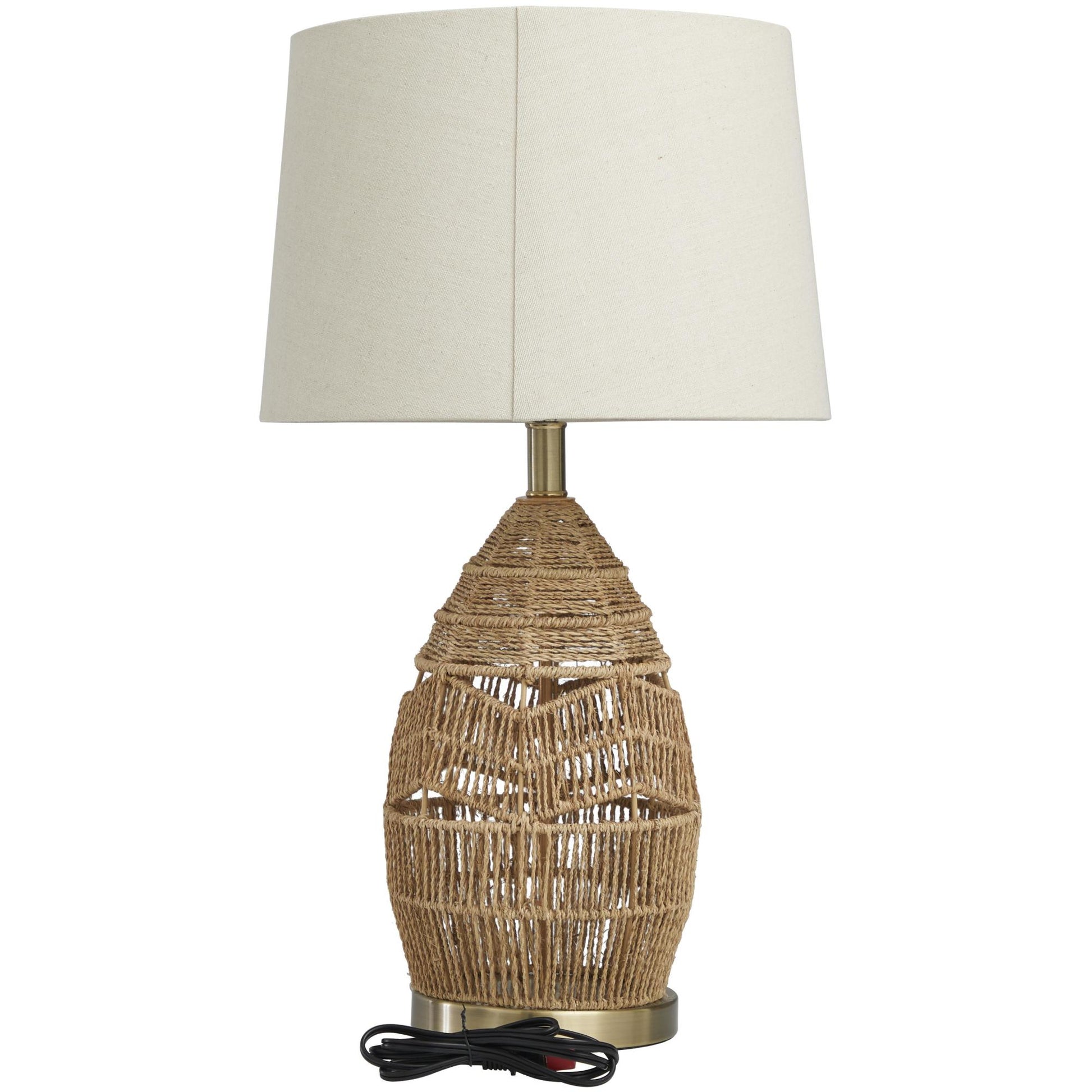 Brown Wicker Wood Handmade Woven Room Table Lamp with Zig Zag Pattern and Gold Base