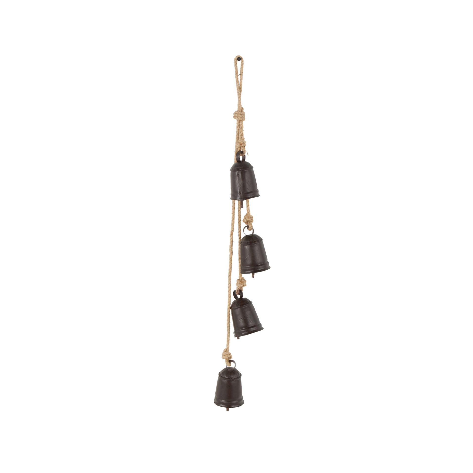 Metal Handmade Tibetan Inspired Indoor Outdoor Decorative Cow Bells with 4 Bells on Jute Hanging Rope