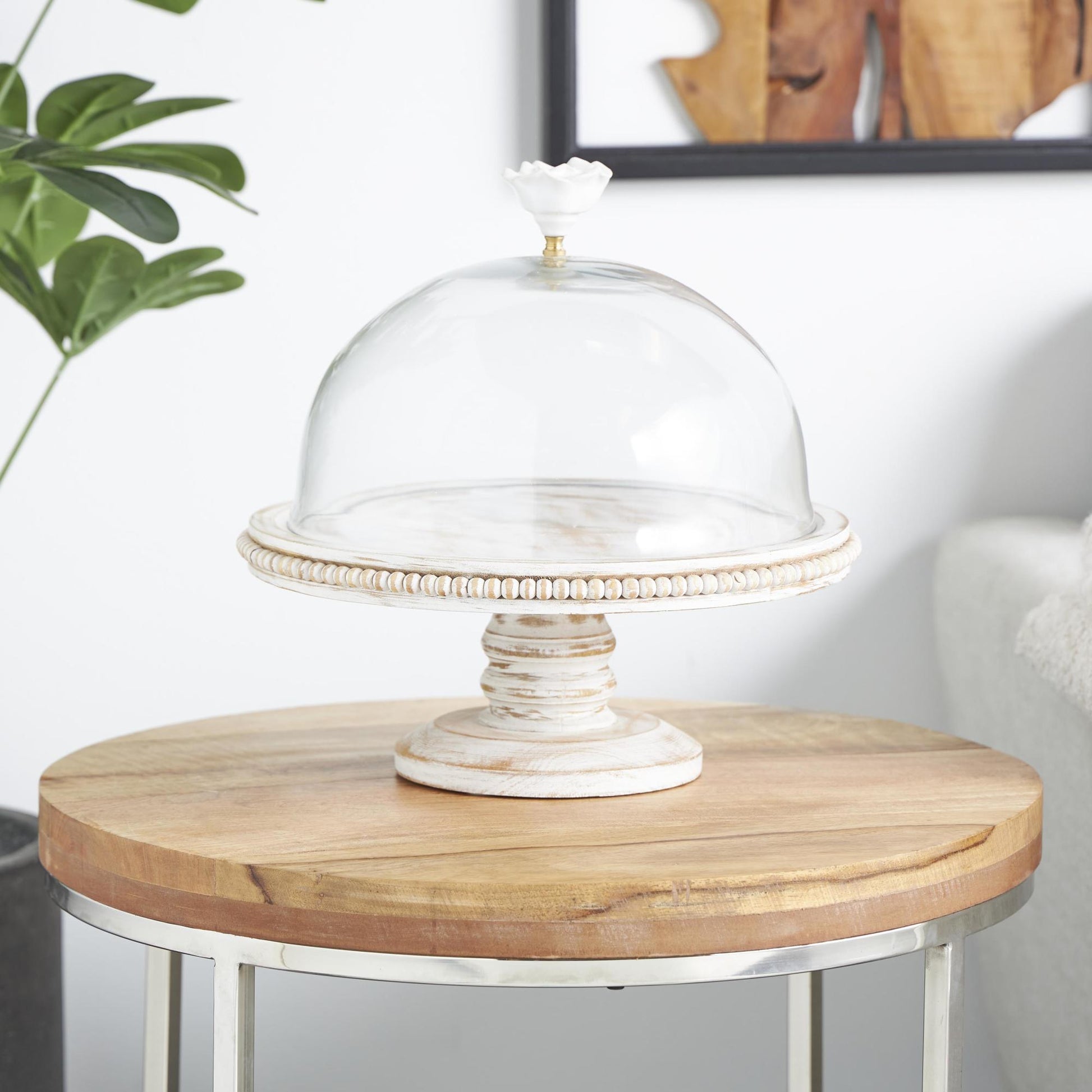 Floral Cream Mango Wood Decorative Cake Stand with Glass Dome