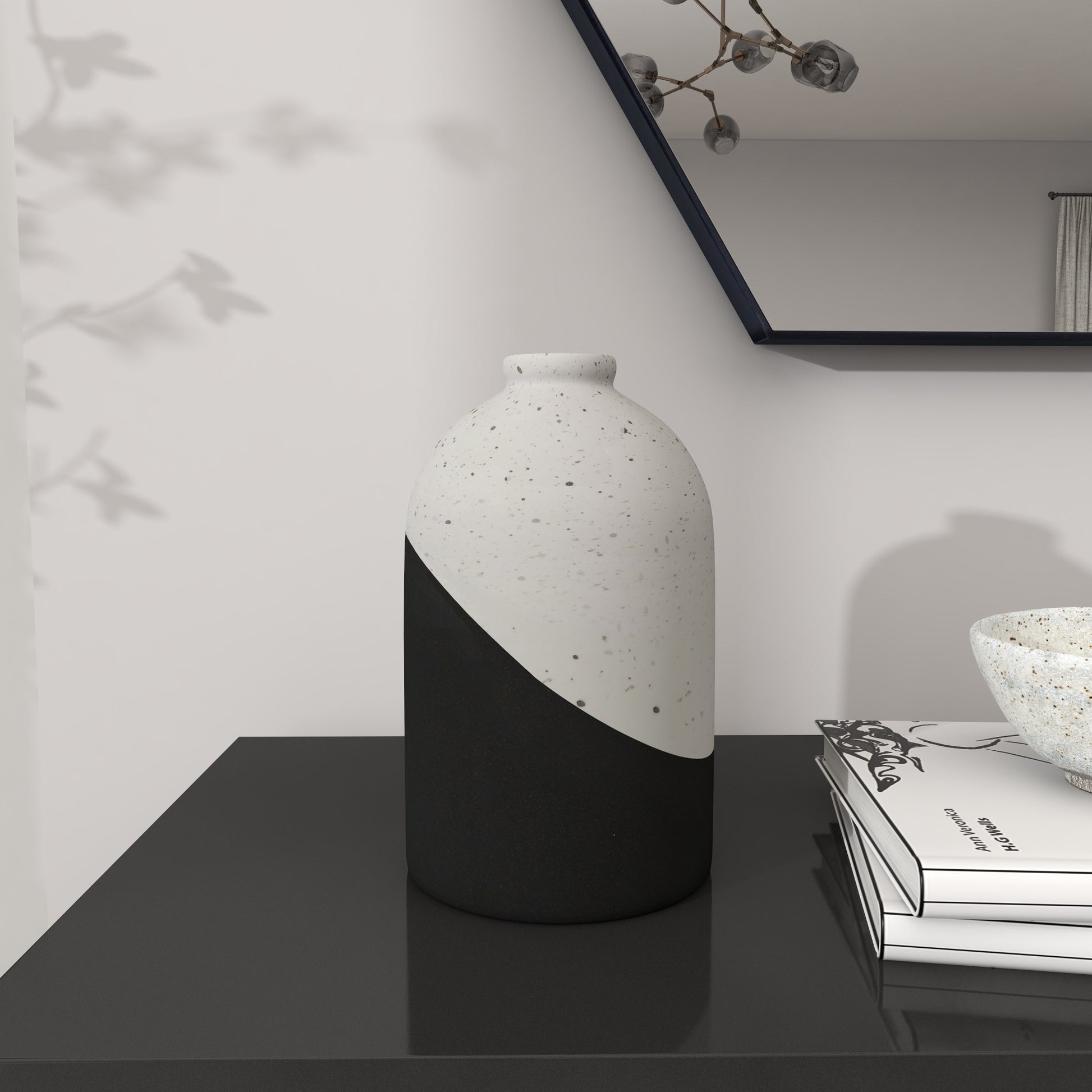 Black Ceramic Color Block Speckled Decorative Vase with White Top