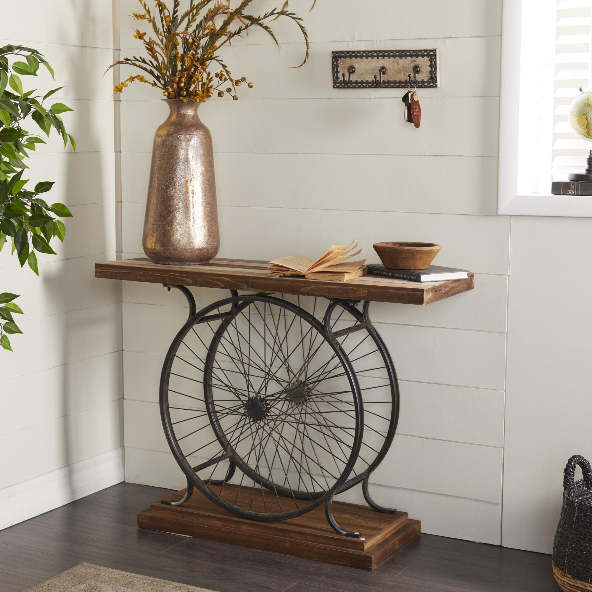 Bike Wood Wide Slatted Top Living Room Console Table with Dual Wheel Frame and Tiered Base