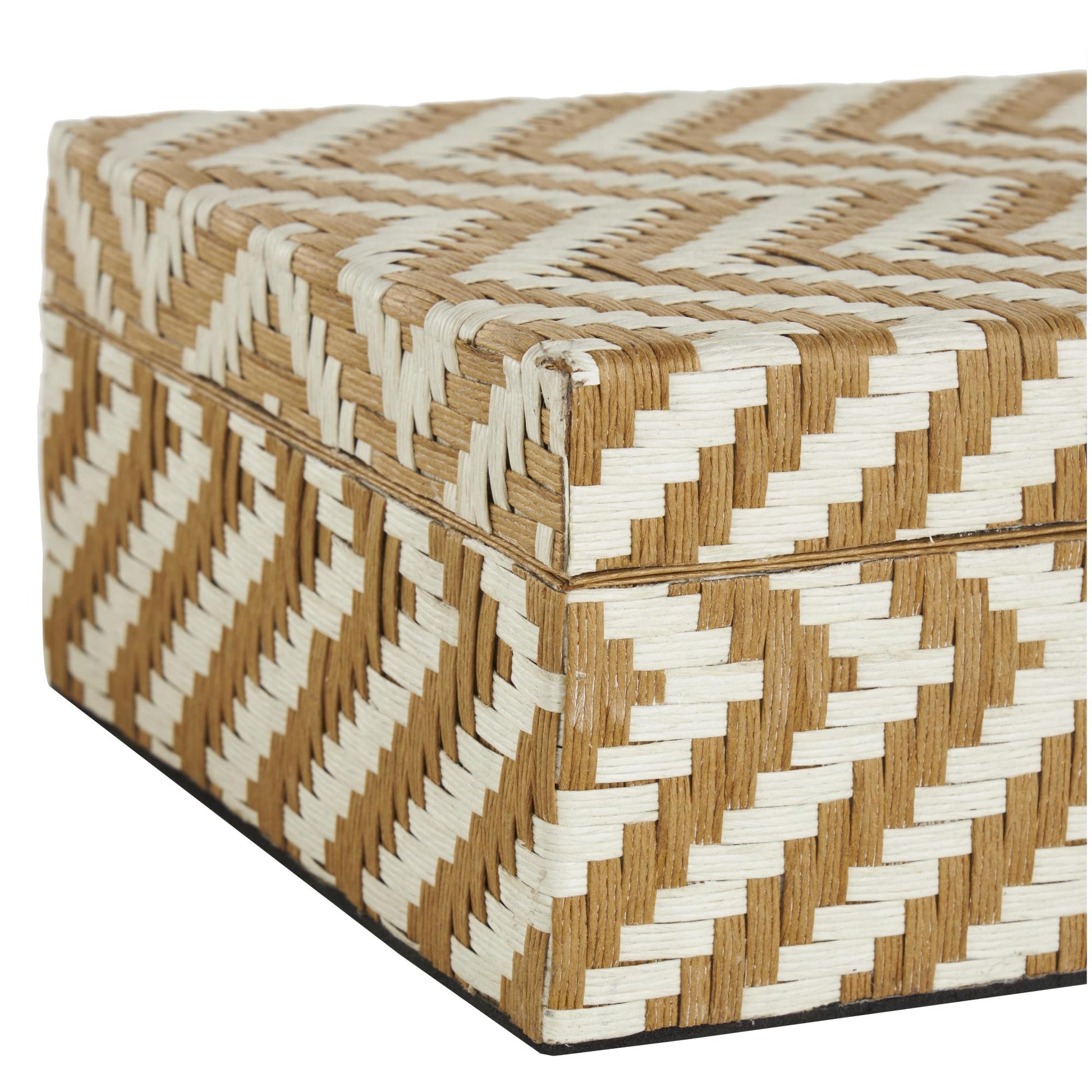 Set of 2 Geometric Brown Paper Handmade Woven Zig Zag Storage Decorative Box with Cream Accents
