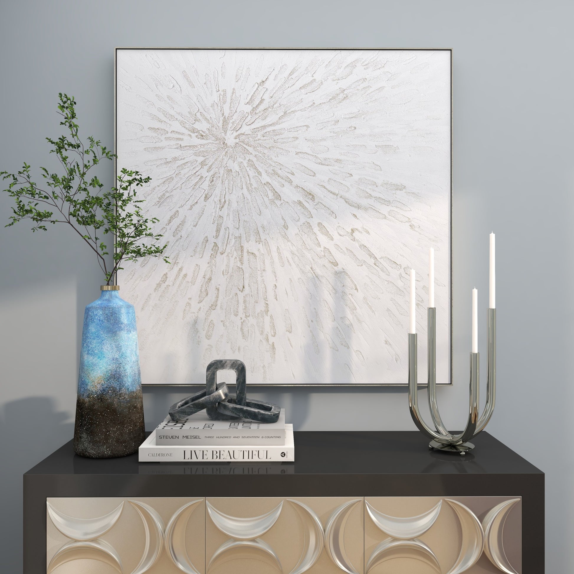 CosmoLiving by Cosmopolitan Starburst White Canvas Abstract Metallic Living Room Framed Wall Art with Silver Foil Accents