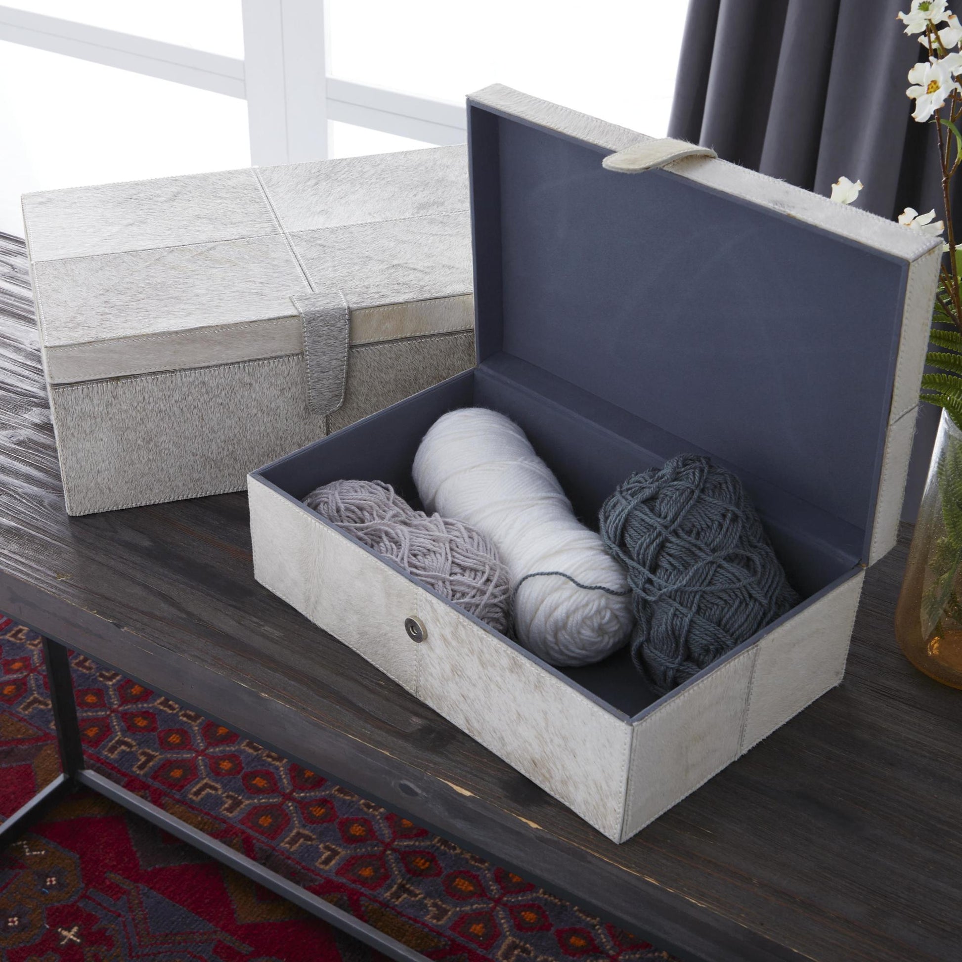 Set of 2 Leather Handmade Cowhide Storage Decorative Box with Stitching Detail