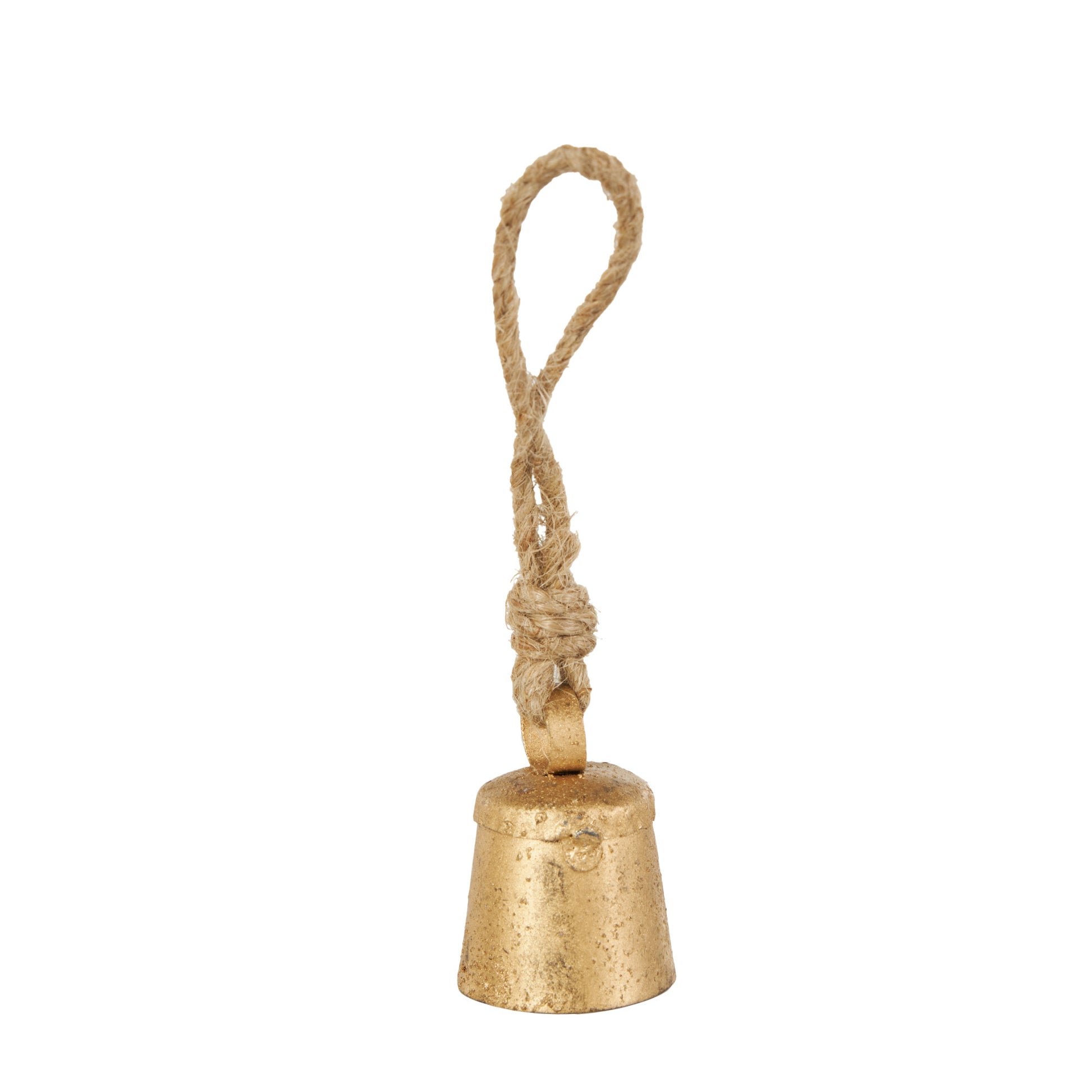Set of 36 Bell Gold Metal Tibetan Inspired Indoor Outdoor Decorative Bells with Brown Jute Rope and Canvas Tote
