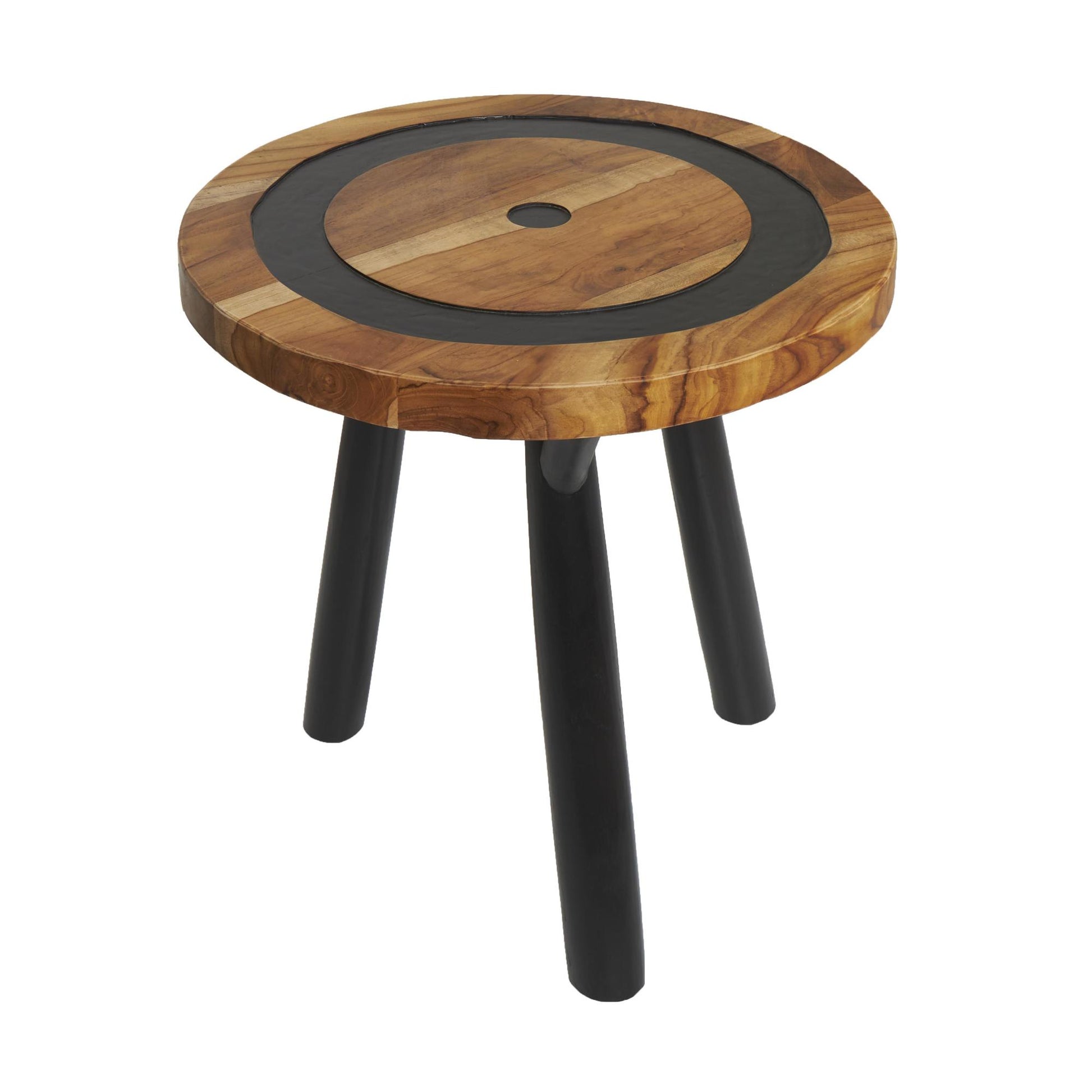 Geometric Brown Teak Wood Layered Circle Side End Accent Table with Black Legs