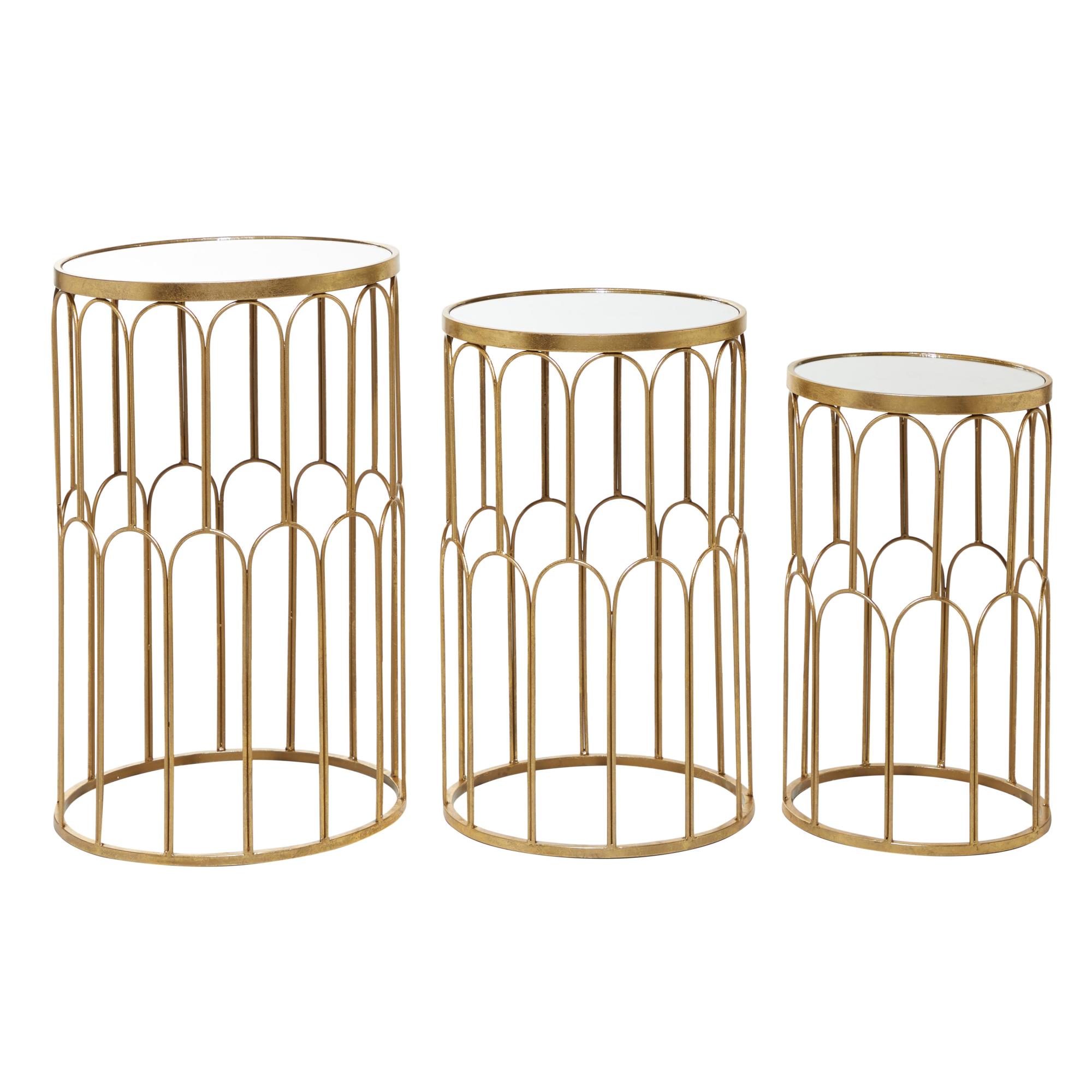 Set of 3 Gold Metal Side End Accent Table with Mirrored Glass Top
