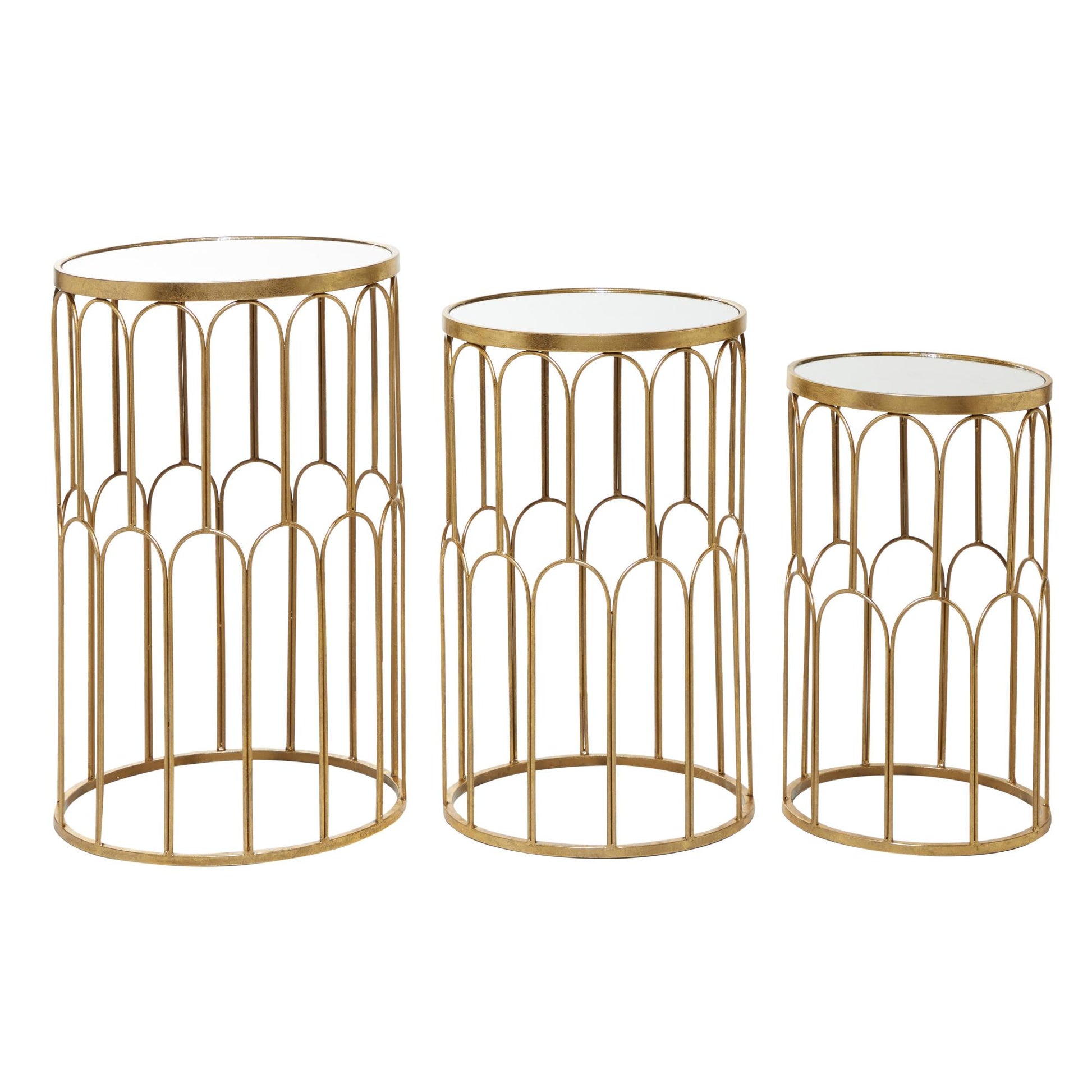 Set of 3 Gold Metal Side End Accent Table with Mirrored Glass Top