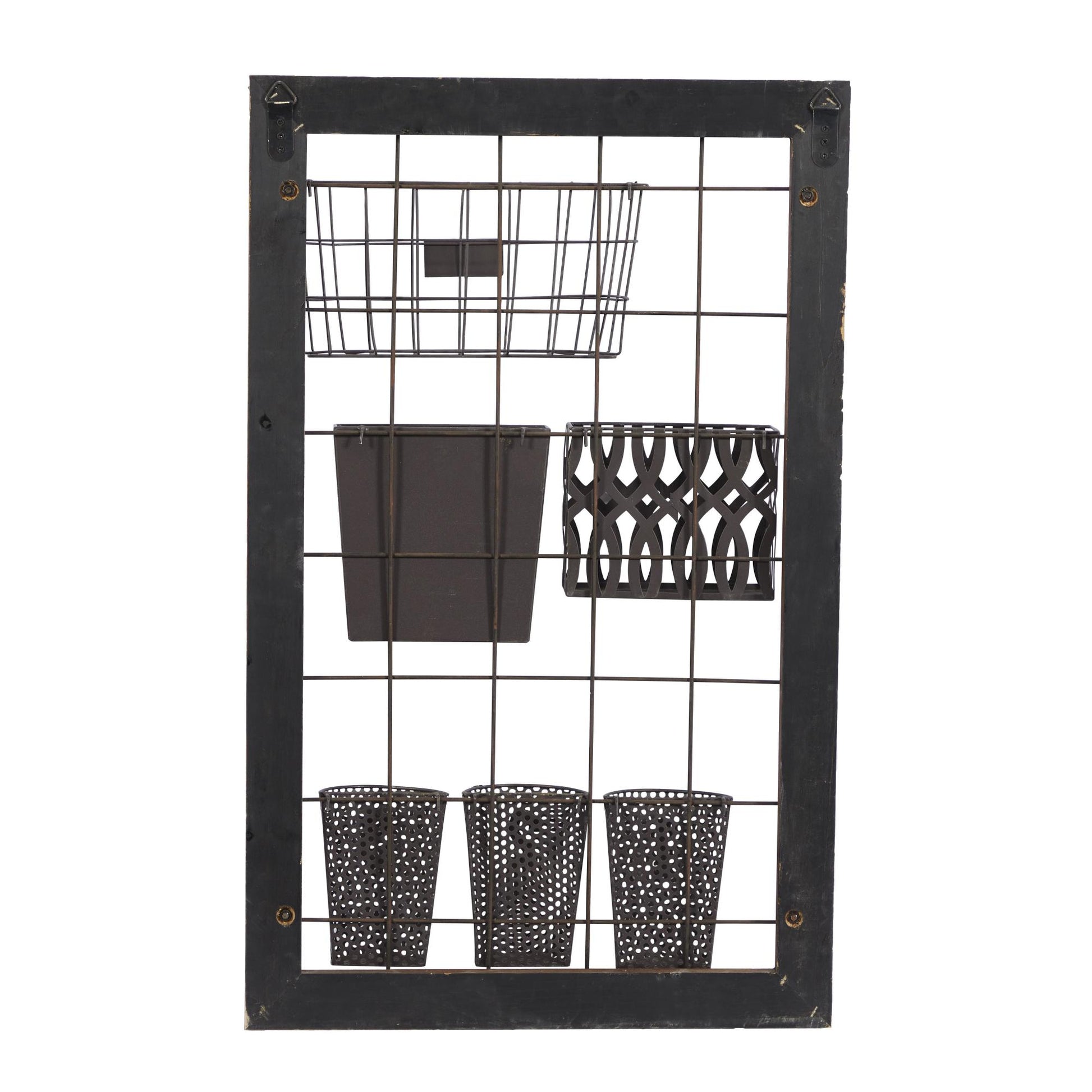 Brown Metal 1 Slot and 5 Baskets Decorative Magazine Rack Holder with Suspended Baskets and Label Slot