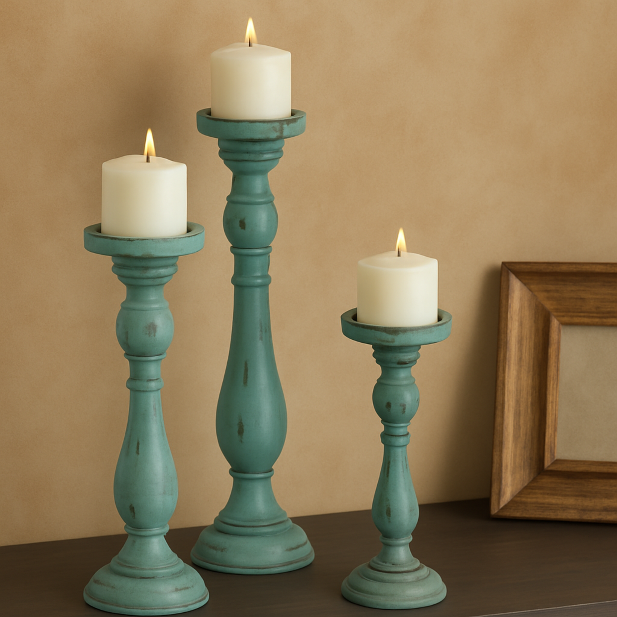 Set of 3 Teal Wooden Distressed Turned Decorative Candle Holder