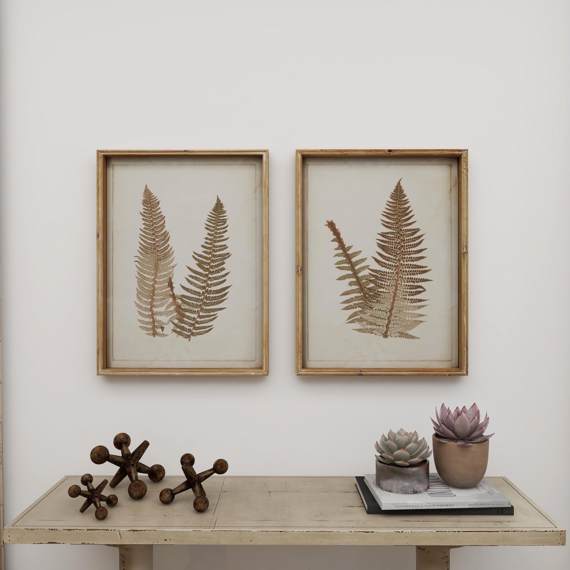Set of 2 Leaf Brown Wood Fern Home Shadow Box with Beige Backing