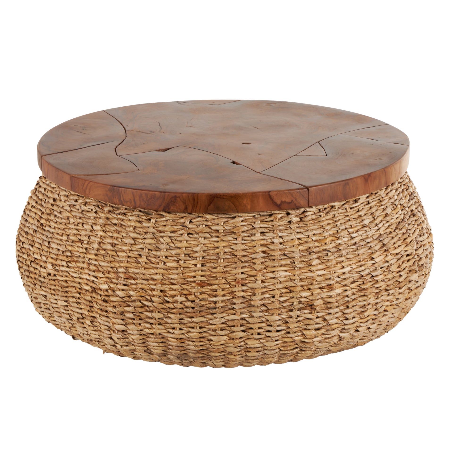 Brown Rattan Wrapped Living Room Coffee Table with Teak Tabletop