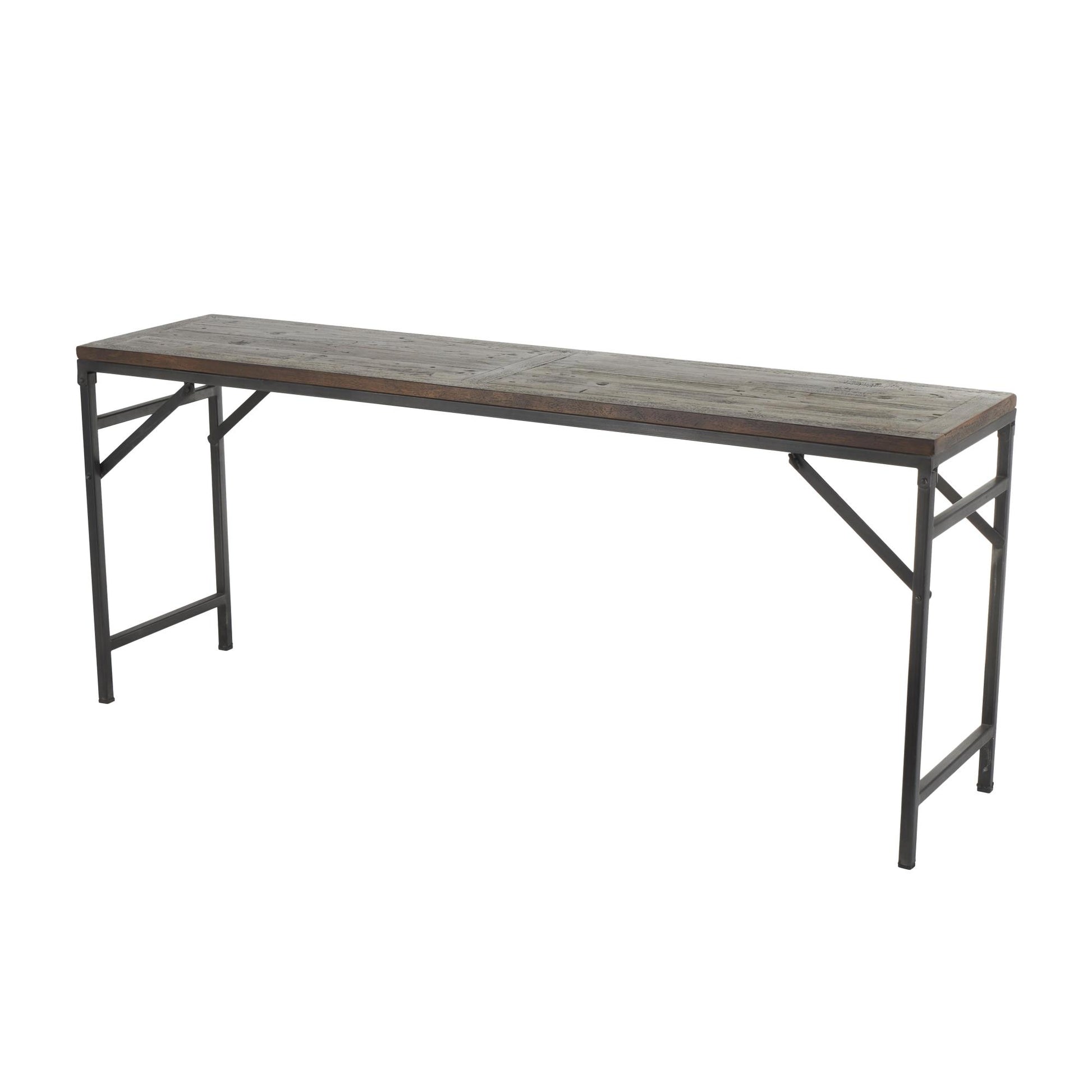 Dark Brown Teak Wood Long Living Room Console Table with Black Metal Legs