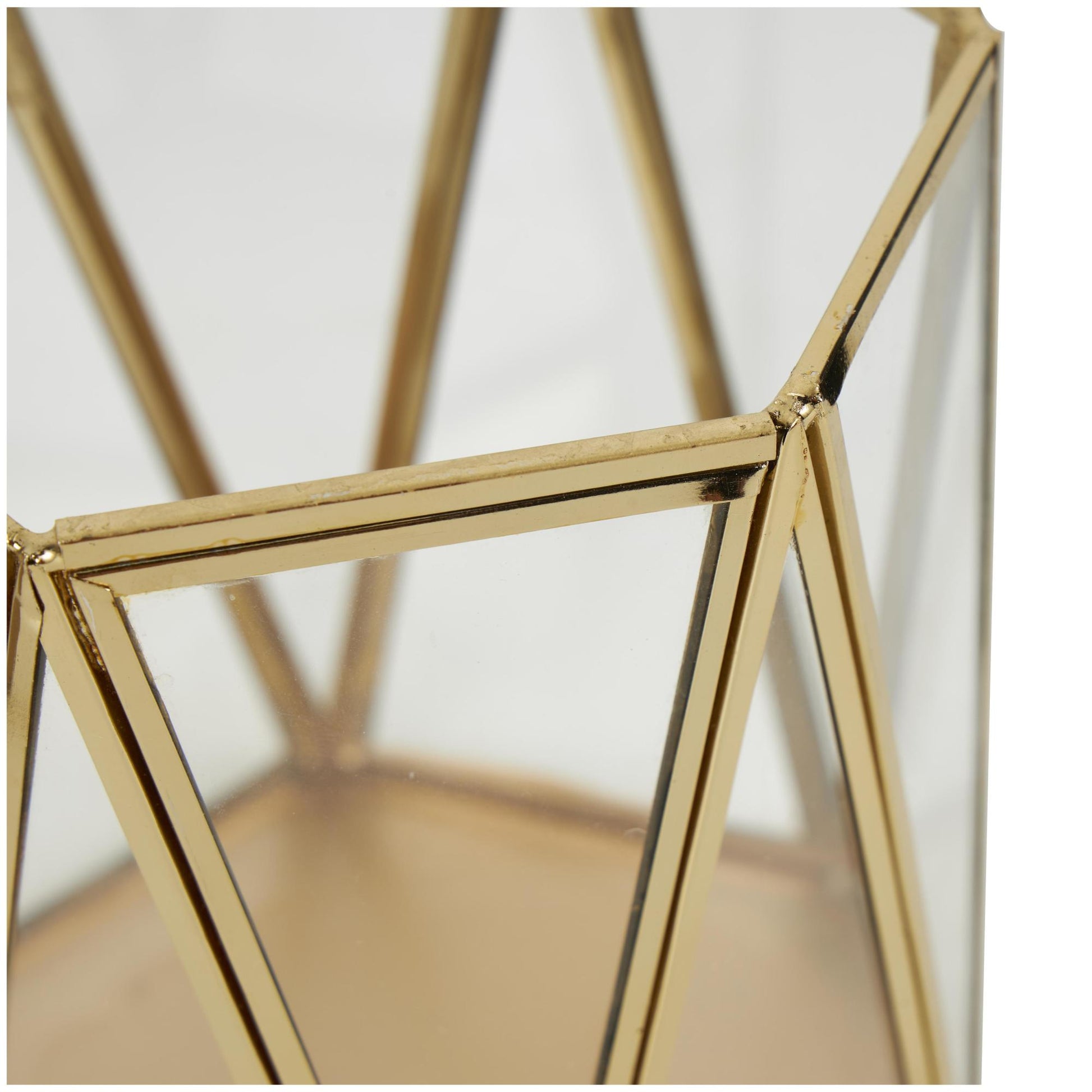 CosmoLiving by Cosmopolitan Set of 3 Geometric Gold Metal Triangle Patterned Hexagon Indoor Outdoor Candle Lantern with Clear Glass