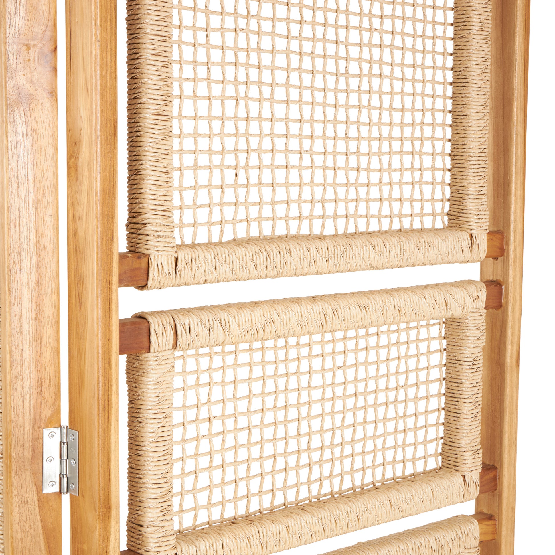 Brown Teak Wood Handmade Foldable Partition 4 Panel Partition Room Divider Screen with Woven Rattan Panels